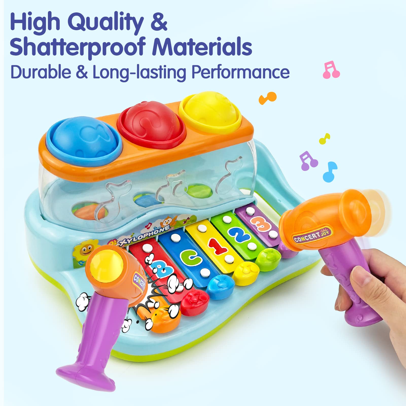 HOLA Pound & Tap Hammer Xylophone Toy for 1-3 Year Old Boys & Girls - Best Birthday Gift for 1 Year Old Baby | Early Learning Musical Instrument for Toddlers 12-18 Months | Perfect Easter Basket Stuffer & Educational Toy for Preschoolers (Playtime, Music Development, Sensory Learning)