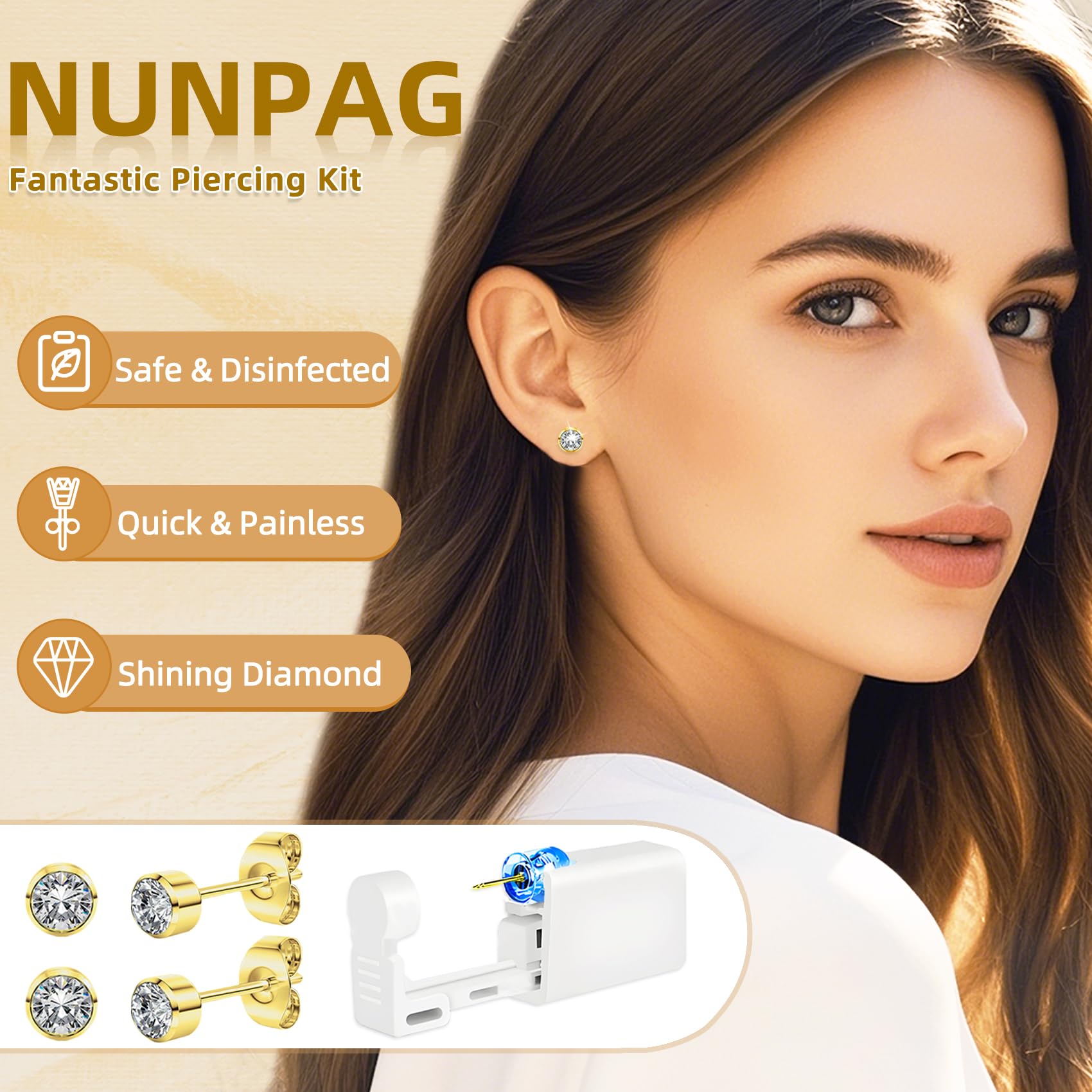 24 Pcs Disposable Ear Piercing Kit with 8 Self-Piercing Guns & 8 Cubic Zirconia Stud Earrings - Safe & Easy Home Ear Piercer Tool for Adults & Teens (Gold) | Perfect for DIY Ear Piercing, Gifts & First-Time Users
