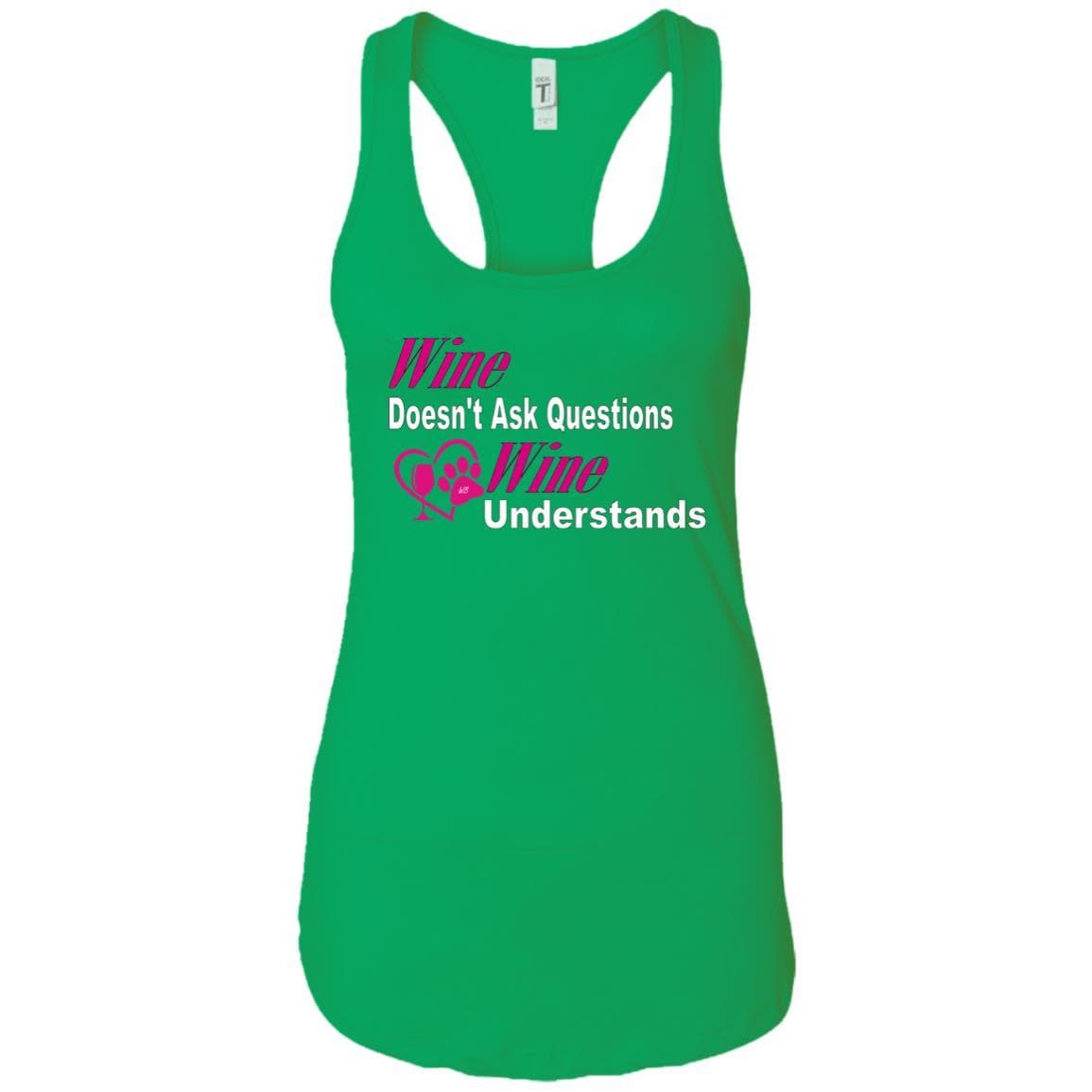 Wine Doesn't Ask Questions Ladies Racerback Tank Top - White & Pink | Comfortable Women's Sleeveless Shirt for Wine Tasting, Girls Night Out & Summer Parties - WineyBitches.co