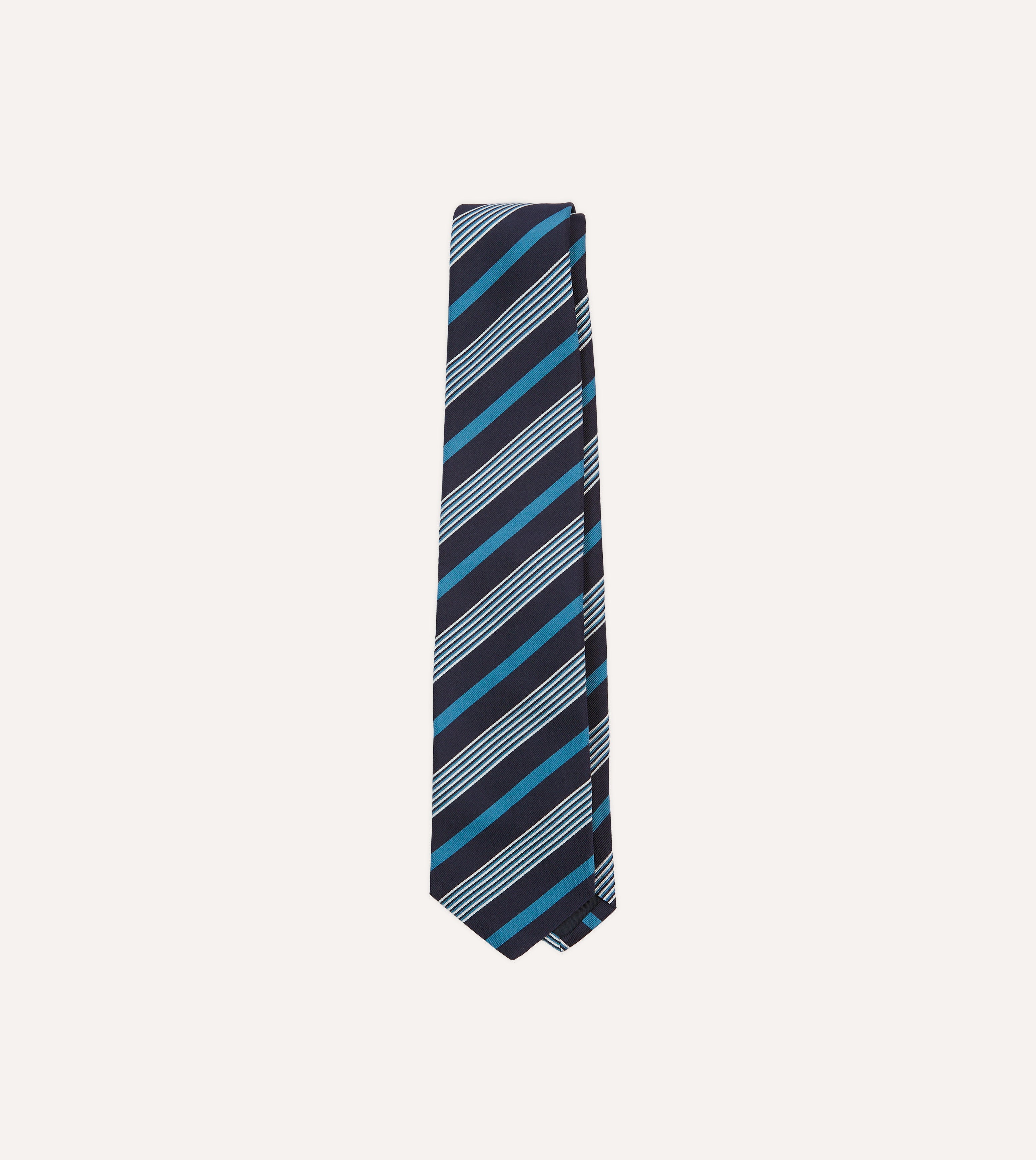 Premium Navy, Blue & White Striped Mogador Silk Tipped Necktie - Elegant Business & Formal Occasion Accessory for Men
