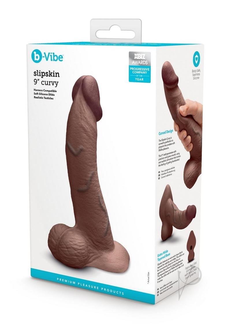 B Vibe Slipskin Realistic Silicone Curved Dildo 9 Inch - Chocolate Color - Body-Safe Adult Toy for Couples & Solo Play - Perfect for G-Spot Stimulation & Sensual Exploration