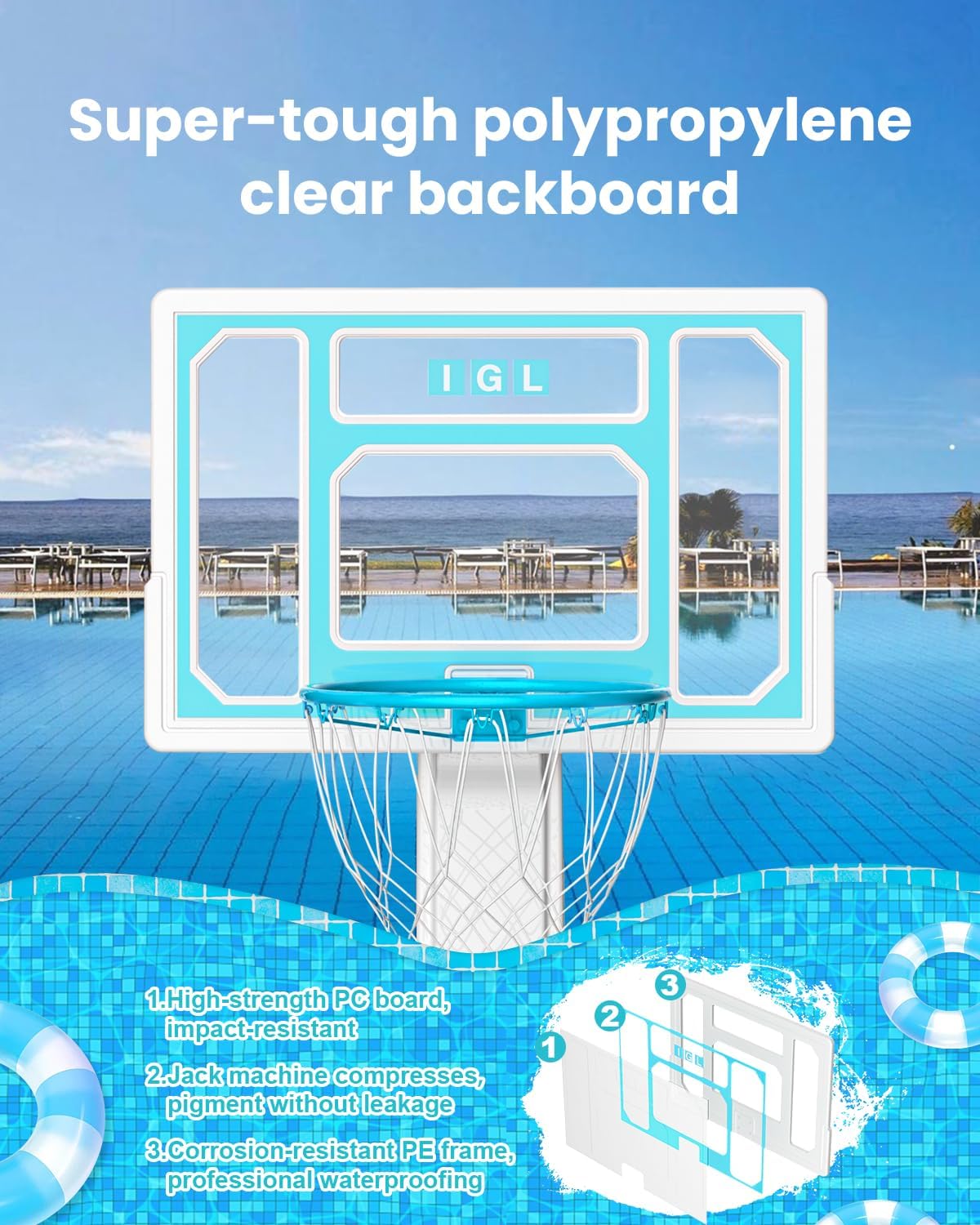 IGL Outdoor Pool Basketball Hoop - Stainless Steel Rim with Double Water Storage Base, Includes 2 Balls & Pump - Perfect for Backyard Pool Games, Summer Parties, and Family Fun Activities
