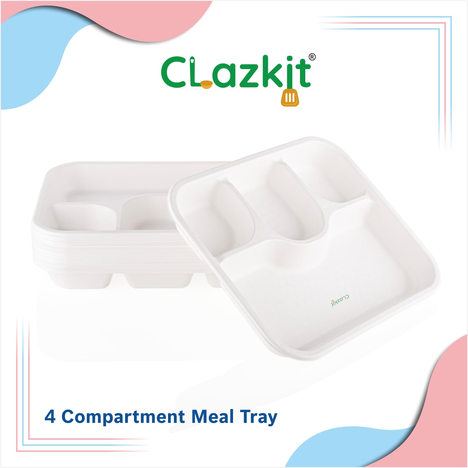 Clazkit 50 Pack 4-Compartment Disposable Meal Trays - Eco-Friendly Biodegradable Bagasse Plates for Parties, Weddings & Events | Perfect for Catering, Picnics & Outdoor Dining