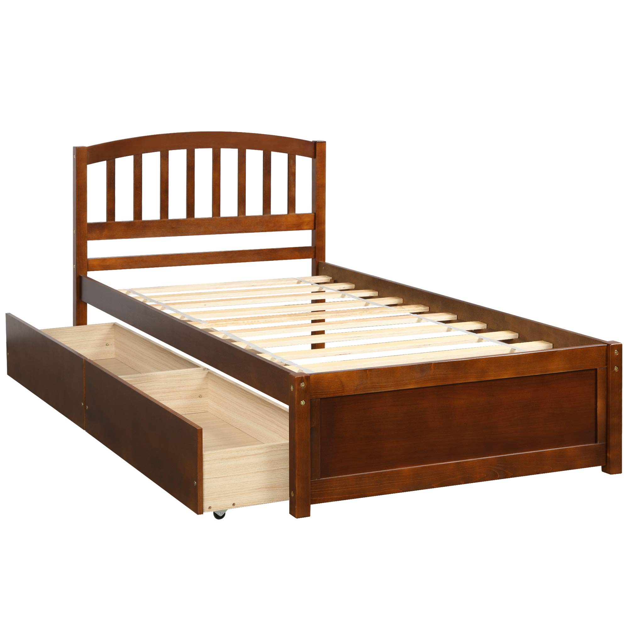 Harper & Bright Designs Twin Storage Bed Frame with 2 Drawers & Headboard - Solid Wood Platform Bed in Walnut Finish - Perfect for Kids' Room, Guest Bedroom & Small Space Organization
