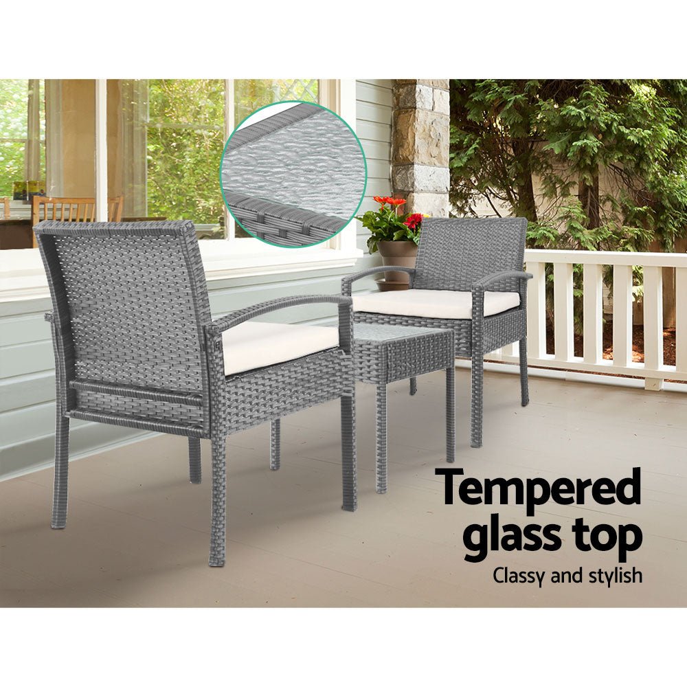 3-Piece Patio Furniture Bistro Set - Outdoor Wicker Lounge Chairs & Table - Weather-Resistant Grey Rattan for Garden, Balcony, Backyard Dining & Relaxation
