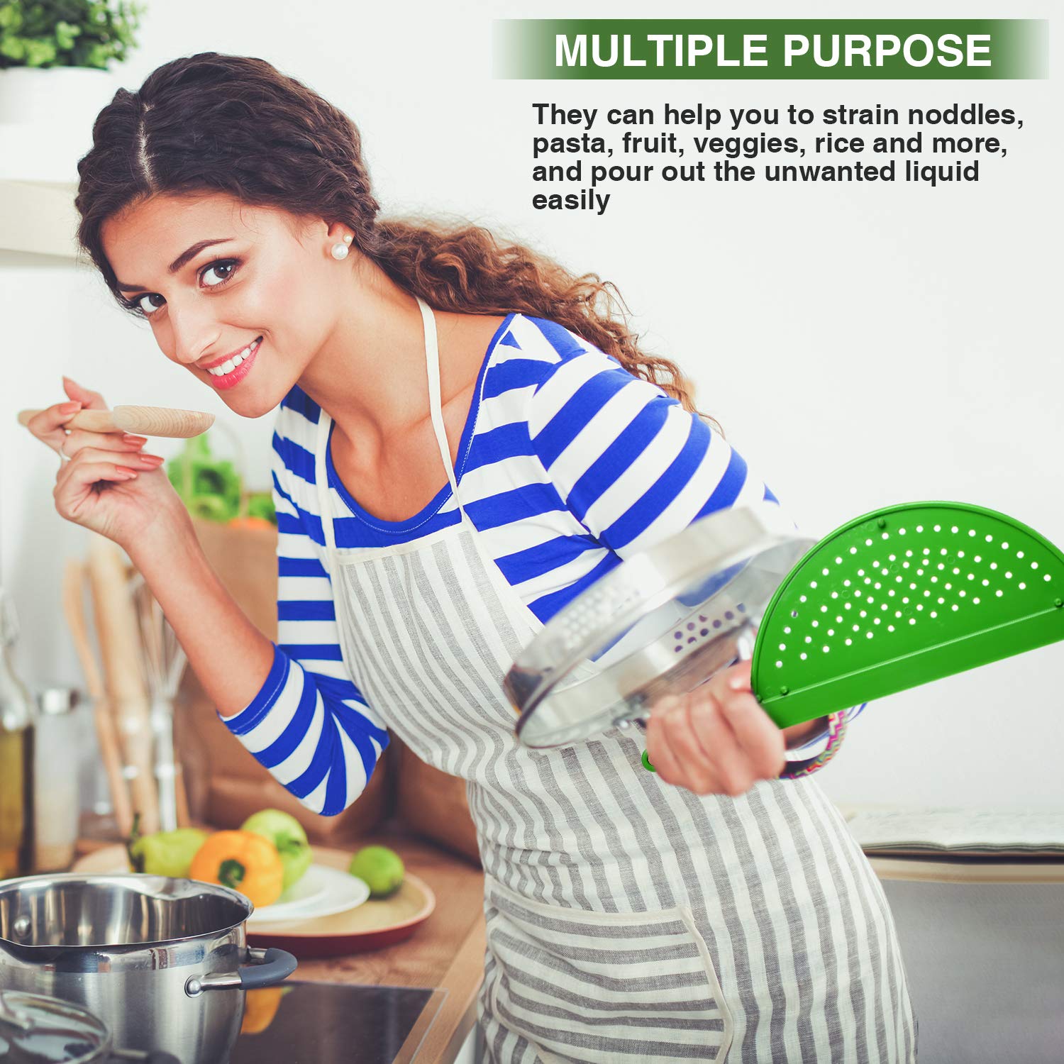 3-Piece Plastic Pot Strainer with Handle - Handheld Pan & Pasta Drainer for Noodles, Vegetables, Fruits - Fits Up to 9 Inch Pots (Ideal for Kitchen, Camping & Picnics)