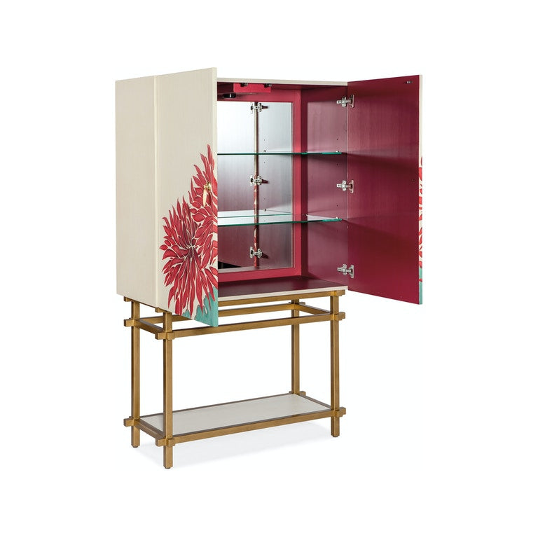 Ainsley Bar Cabinet - Modern Off White & Red Finish with Glass, Metal, Mirror & Wood Accents - Perfect for Living Room, Dining Room, or Home Bar Decor