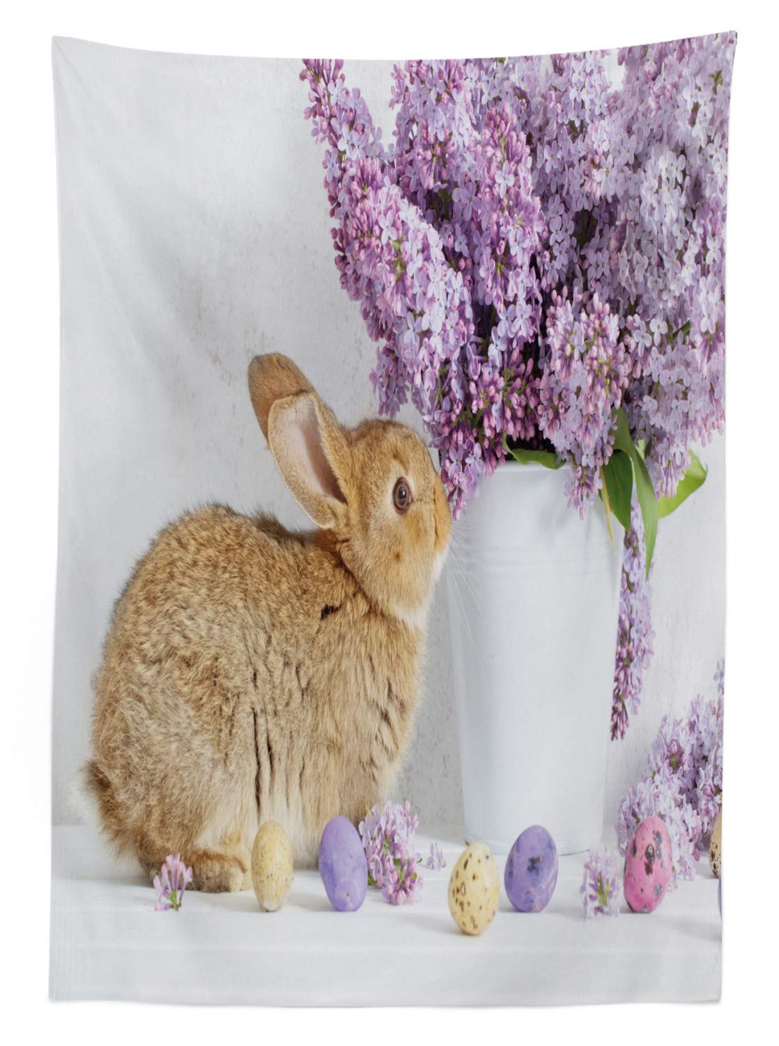 Ambesonne Easter Bunny Tablecloth - Brown Easter Rabbit with Lilac Flowers & Dyed Eggs Floral Design, 60x90 Inch Rectangular Table Cover for Dining Room Kitchen Party Decor | Perfect for Easter Celebrations, Spring Gatherings & Holiday Dining