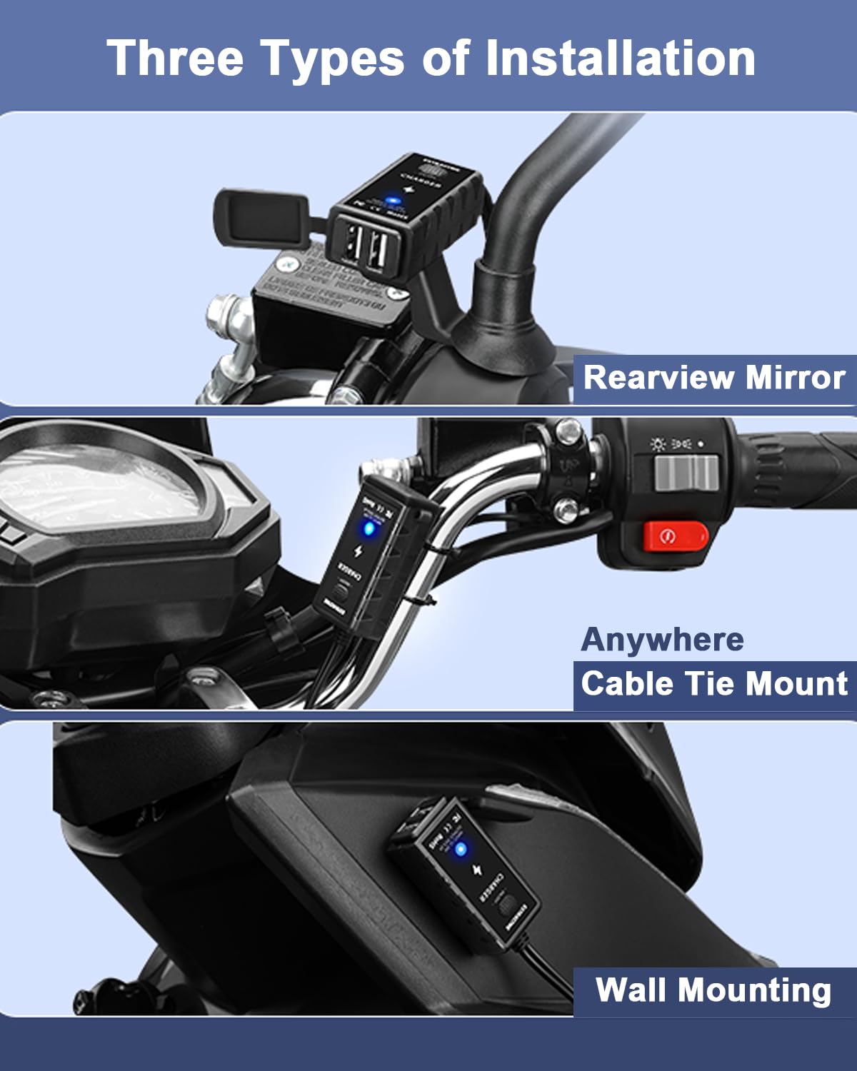 Motorcycle Phone Charger 3.1A Dual USB with Switch - Waterproof ATV Accessory for Phones & GPS