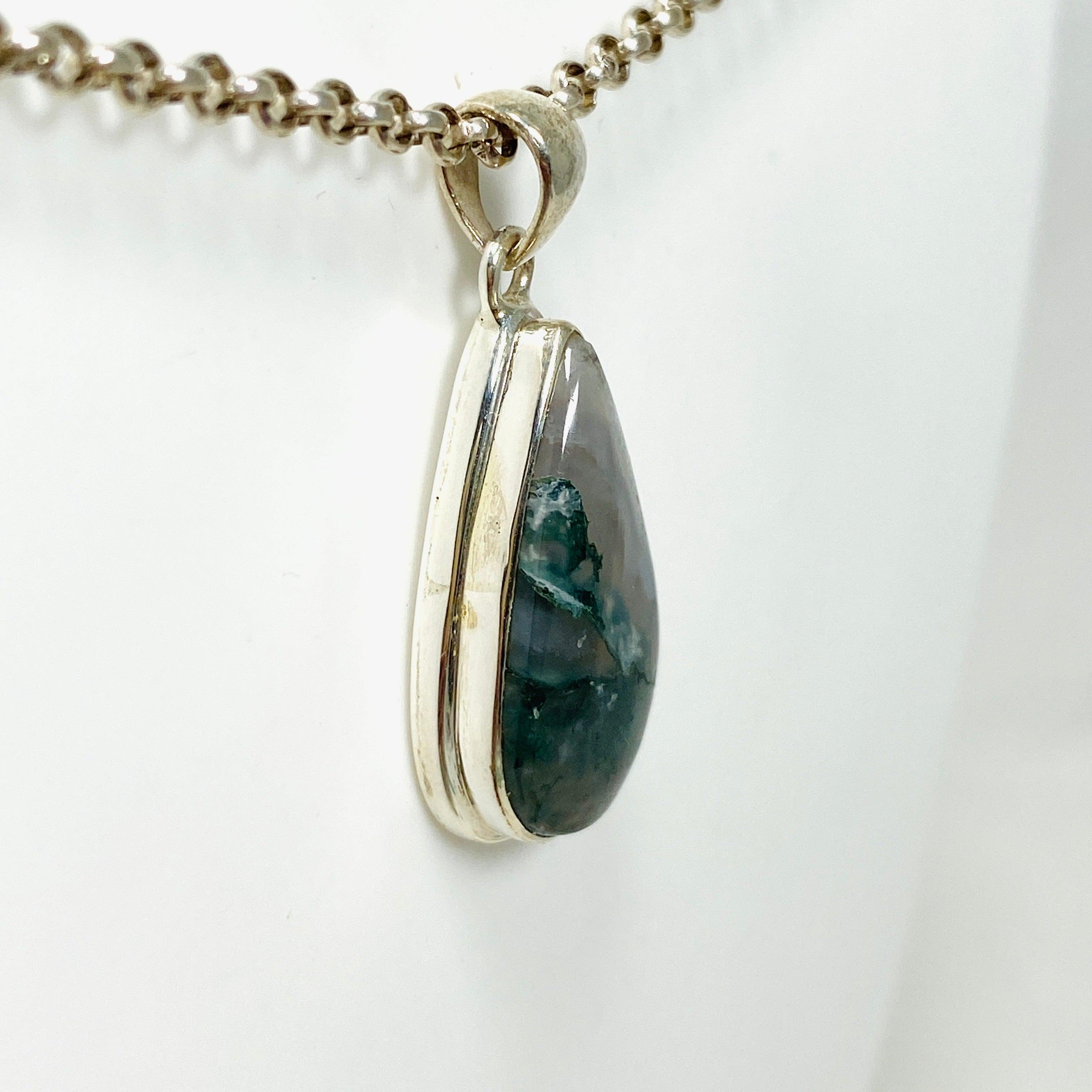 Natural Moss Agate Teardrop Pendant Necklace - 925 Sterling Silver Jewelry KPGJ3625 | Healing Crystal Gift for Women, Meditation & Spiritual Protection