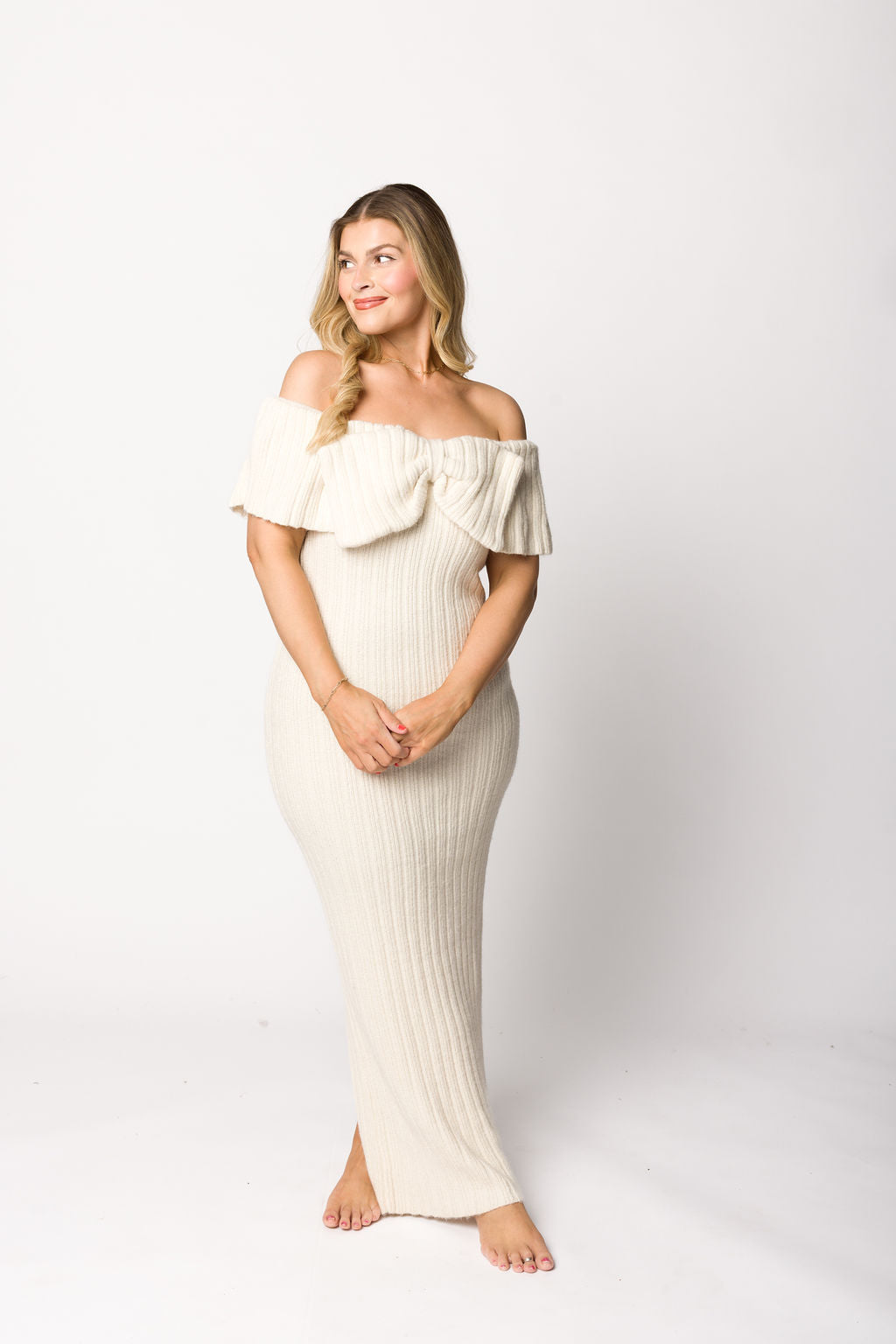 Aston Ivory Bow Front Maxi Sweater Dress - Bump Friendly Maternity Dress with Inclusive Sizing (S-3XL) | Perfect for Pregnancy, Nursing, and Casual Winter Outfits