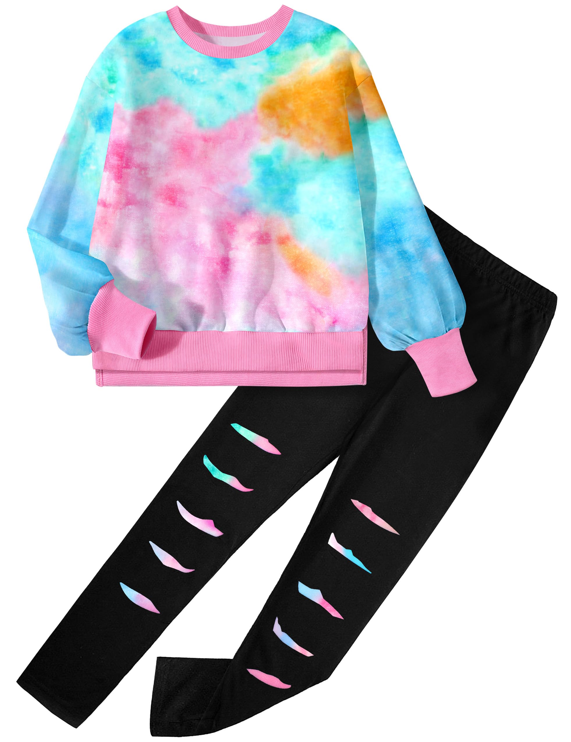 Tie Dye Sweatshirt and Leggings Set for Girls | 2-Piece Fall Winter Outfit | Ages 6-14T | Cute & Comfy Casual Wear for School, Playdates & Weekend Adventures