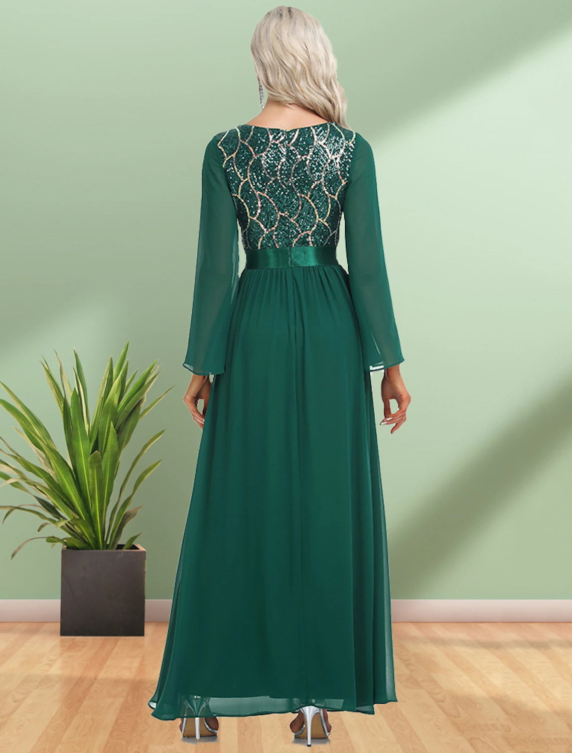 Elegant A-Line Evening Gown with Sequin Details - Floor Length Long Sleeve V-Neck Chiffon Party Dress for Women | Perfect for Prom, Gala, Wedding & Formal Events