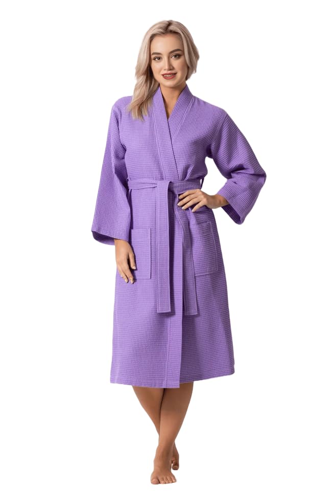 100% Cotton Women's Waffle Turkish Bathrobe - Soft & Absorbent Lavender Purple Robe - One Size Fits Most - Perfect for Spa, Beach Cover-Up & Relaxing at Home