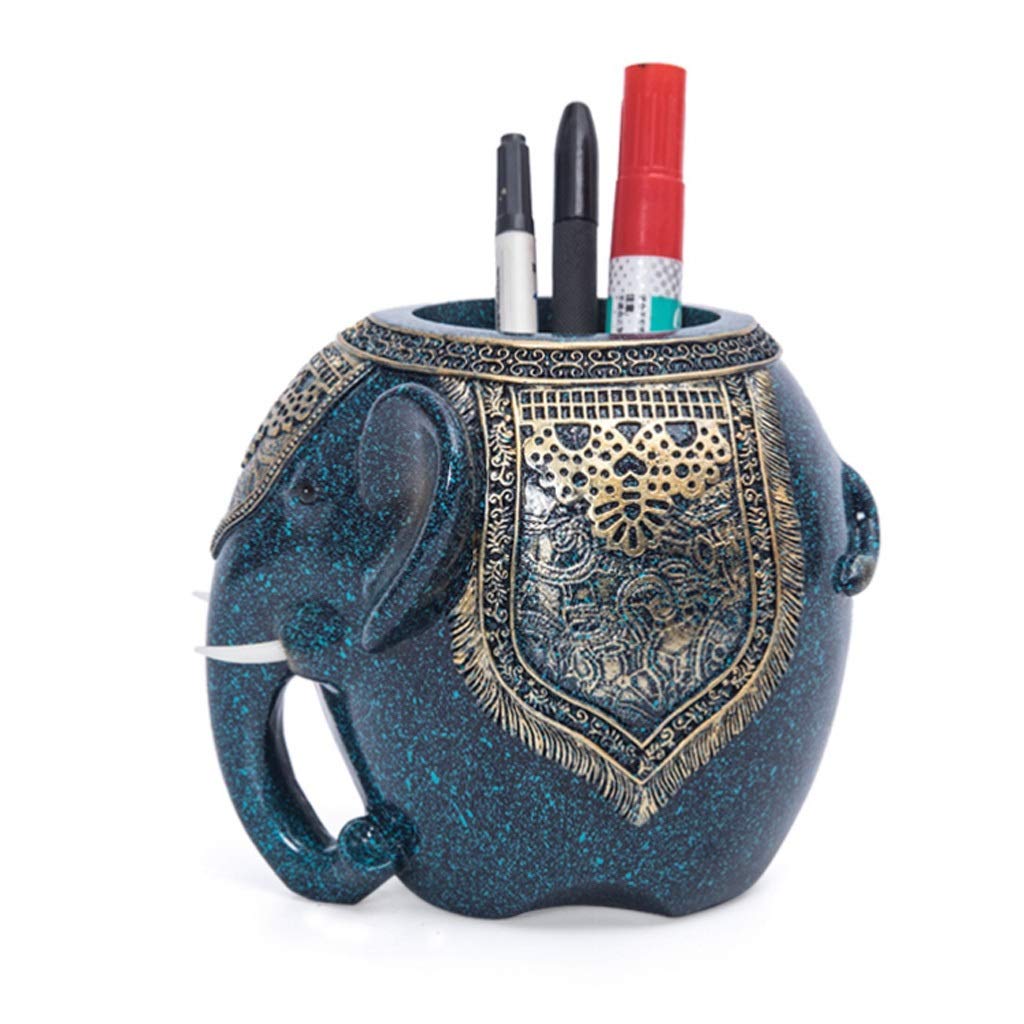 Handcrafted Resin Elephant Pencil Holder - Blue Decorative Pen Organizer for Office & School Desk | Unique Gift for Elephant Lovers & Stationery Collectors | Perfect for Home Office, Study Desk & Workspace Organization