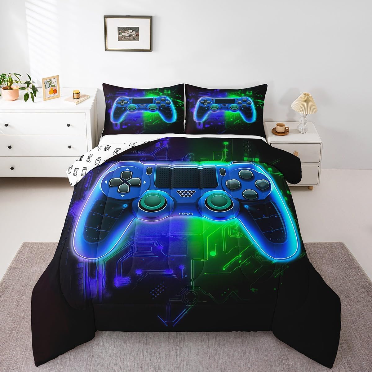 Cool Gaming Comforter Set for Boys - Full Size Video Game Controller Bedding with 2 Pillowcases | Blue & Green Gamer Duvet Cover | Perfect for Kids' Bedroom, Sleepovers & Gaming Themed Decor