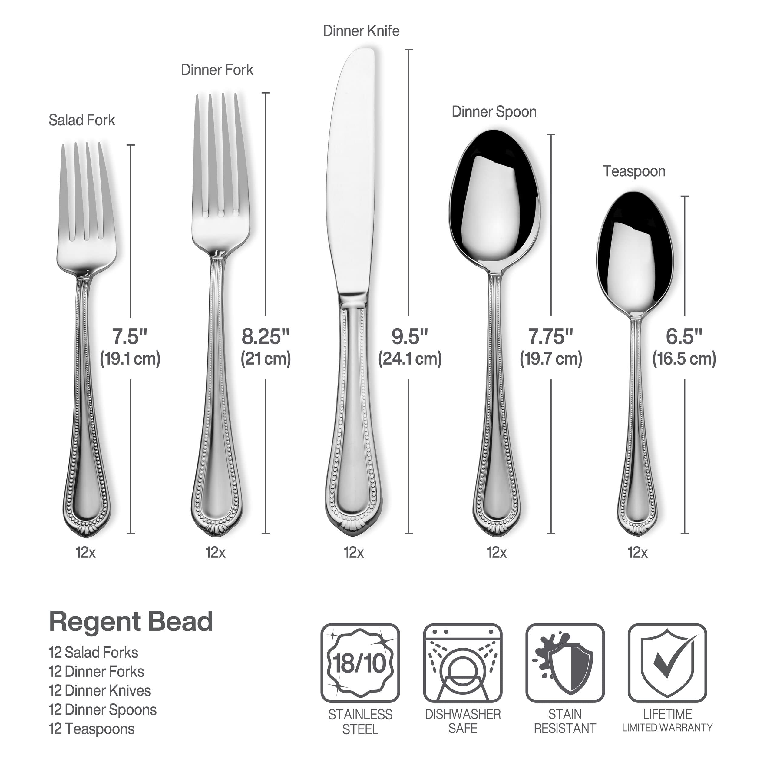 Mikasa Regent Bead 65-Piece 18/10 Stainless Steel Flatware Set for 12 - Elegant Silverware with Serving Utensils for Fine Dining, Weddings & Special Occasions