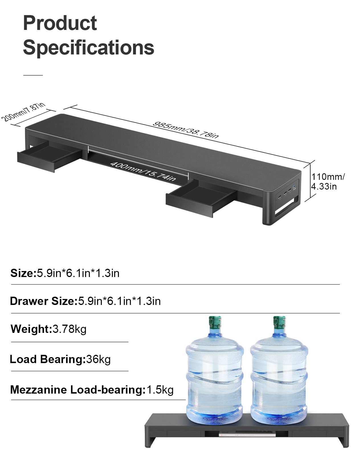 **Metal Dual Monitor Stand Riser with 2 Storage Drawers & 4 USB Ports - Adjustable Desk Organizer for 2 Monitors (38.7 inches) - Supports Data Transfer & Charging - Perfect for Home Office & Gaming Setup**