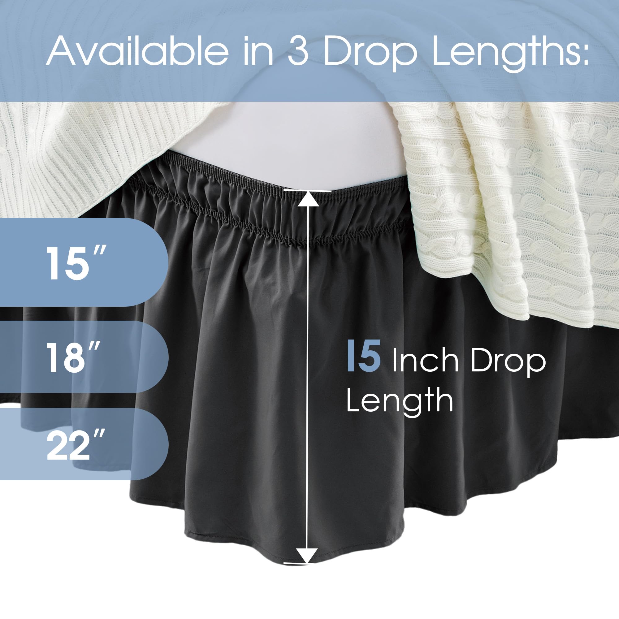 FreshCulture Queen Size Elastic Wrap Around Bed Skirt - 15-Inch Tailored Drop Dust Ruffle for Adjustable Beds | Hotel Quality Black Bed Skirt for Luxurious Bedroom Decor & Guest Room Styling