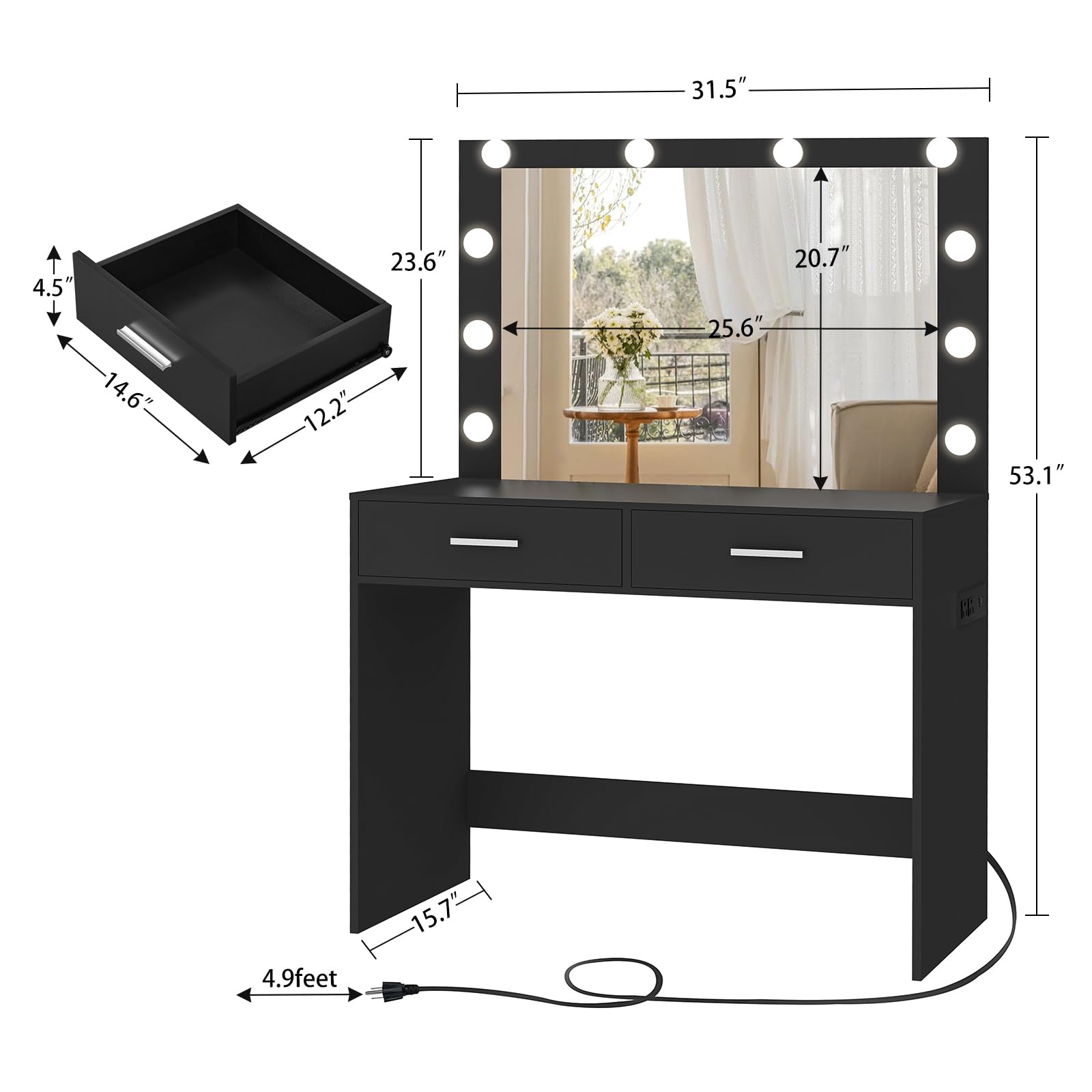 USIKEY Makeup Vanity Desk with Large LED Mirror - 10 Adjustable Lights, 2 Spacious Drawers & Built-in Power Outlet | Modern Dressing Table for Women & Girls | Perfect for Bedroom, Dorm Room or Beauty Salon (Black)