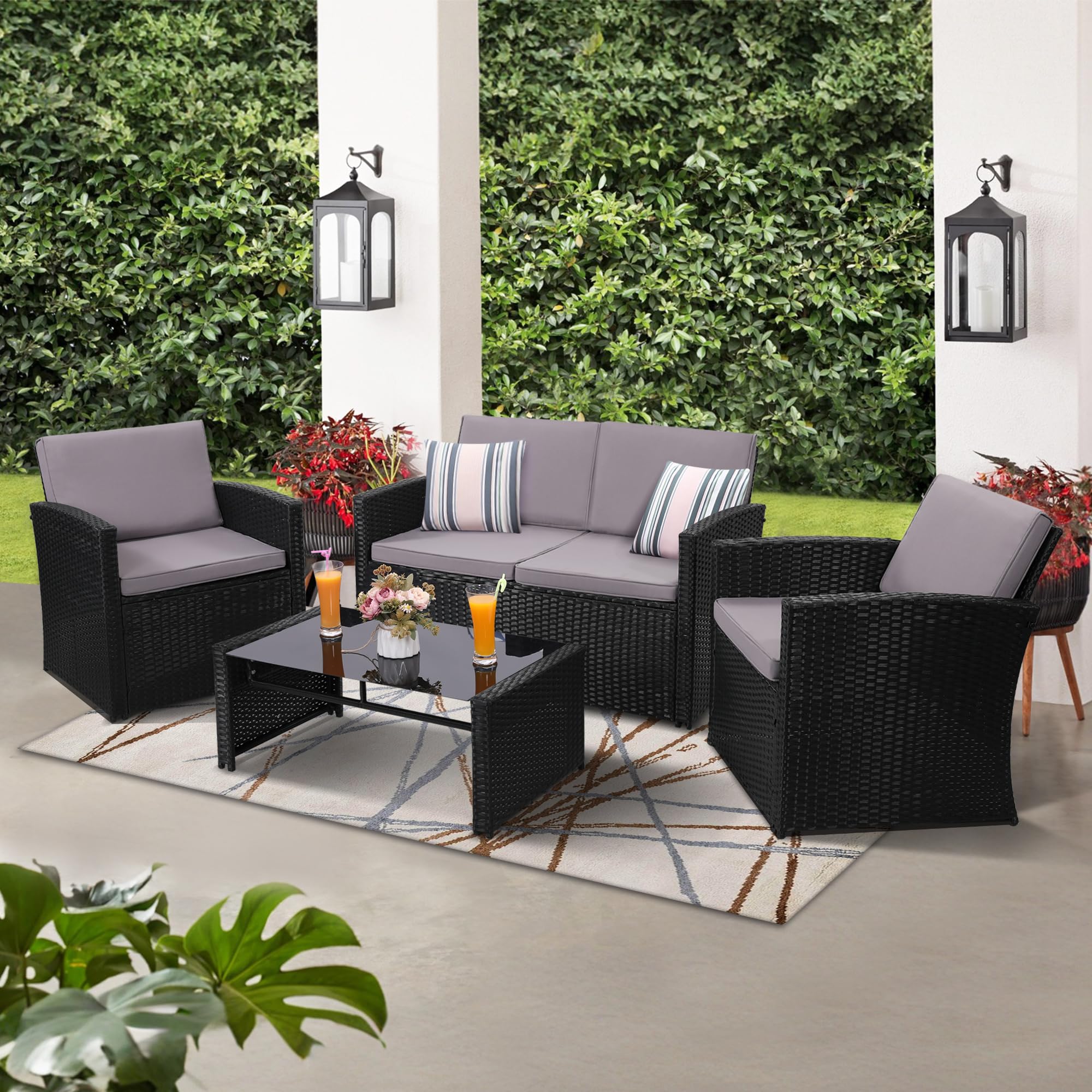 4-Piece Outdoor Patio Conversation Set - Black Rattan Wicker Sectional Sofa with 2 Chairs & Coffee Table - Light Grey Washable Cushions - Perfect for Porch, Deck, Garden & Backyard Relaxation