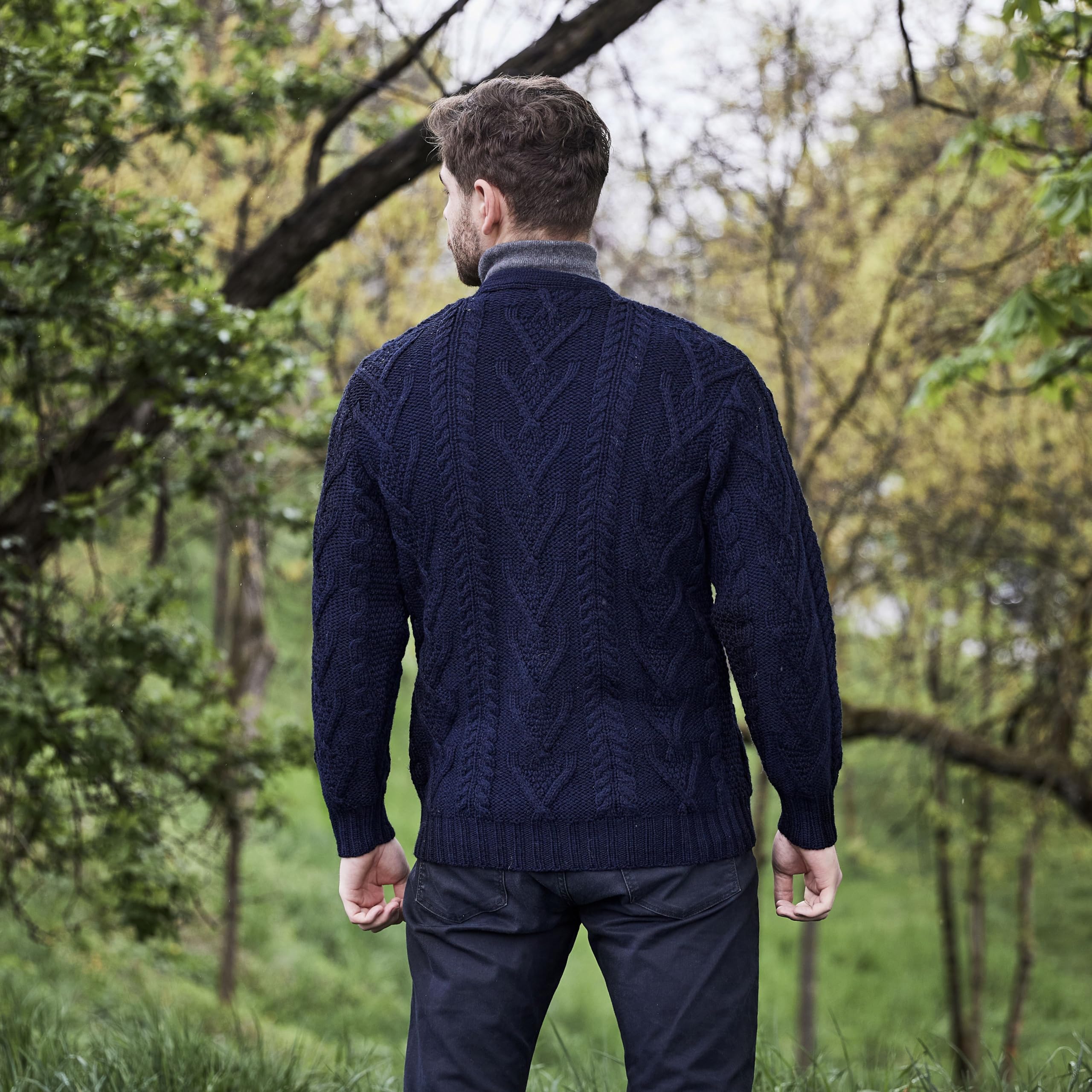 SAOL 100% Merino Wool Men's Aran Cable Knit V-Neck Cardigan Sweater - Irish Style Button-Up Casual Pullover with Pockets - Perfect for Fall, Winter & Office Wear