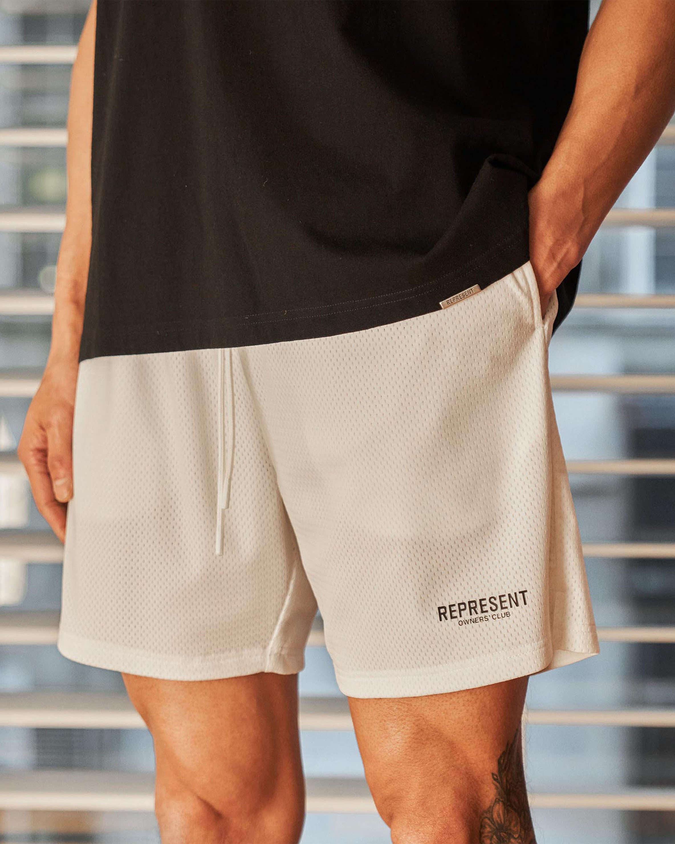 Represent Owners Club Mesh Shorts - Flat White | Breathable Athletic Shorts for Men, Gym Workout & Casual Wear