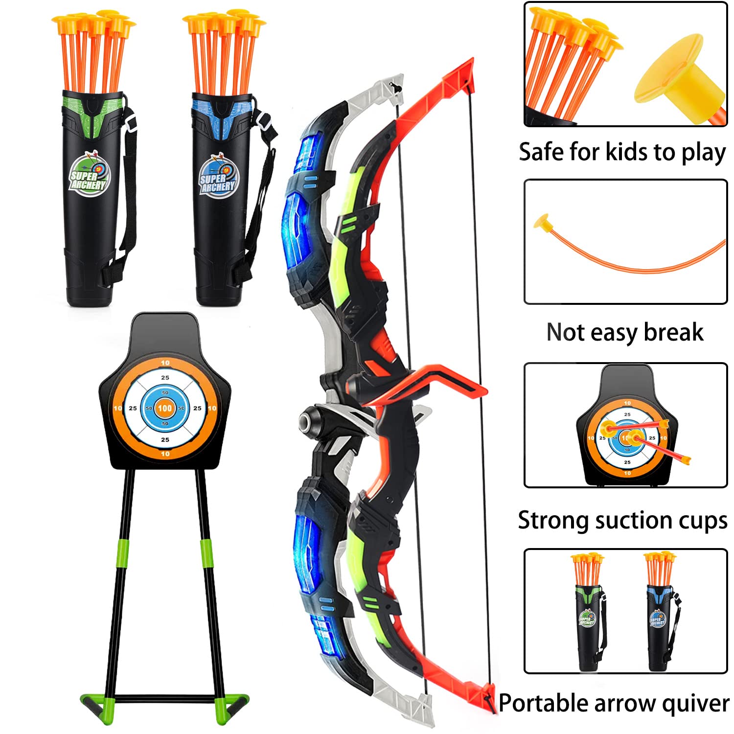 LED Light Up Bow and Arrow Set for Kids - 10 Suction Cup Arrows, Target & Quiver Included - Outdoor Archery Toy Gift for Boys Girls Ages 3-12 - Perfect for Backyard Games, Birthday Parties & Outdoor Play