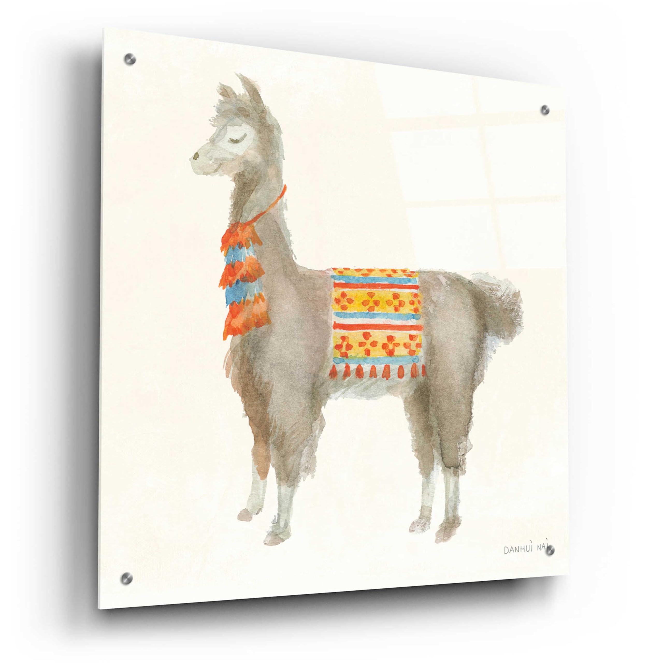 Festive Llama II Wall Art by Danhui Nai - 24x24 Inch Acrylic Glass Canvas Painting - Modern Home Decor for Living Room, Bedroom & Office