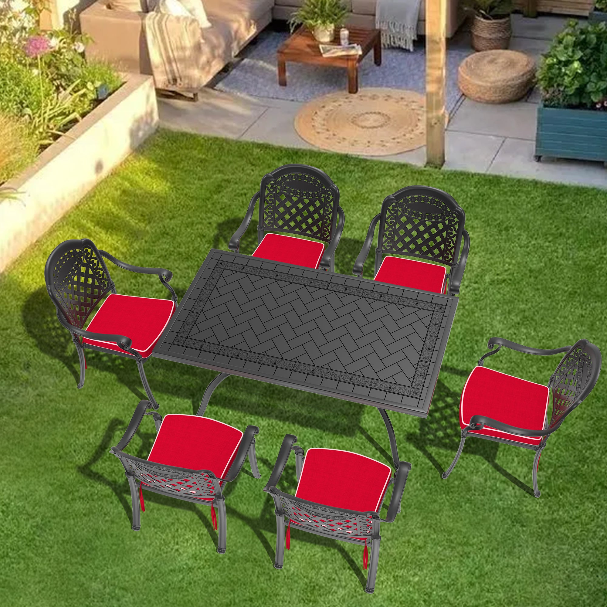 7-Piece Cast Aluminum Patio Furniture Set with Cushions - Outdoor Dining & Lounge Chairs in Random Colors - Perfect for Garden, Poolside & Backyard Relaxation
