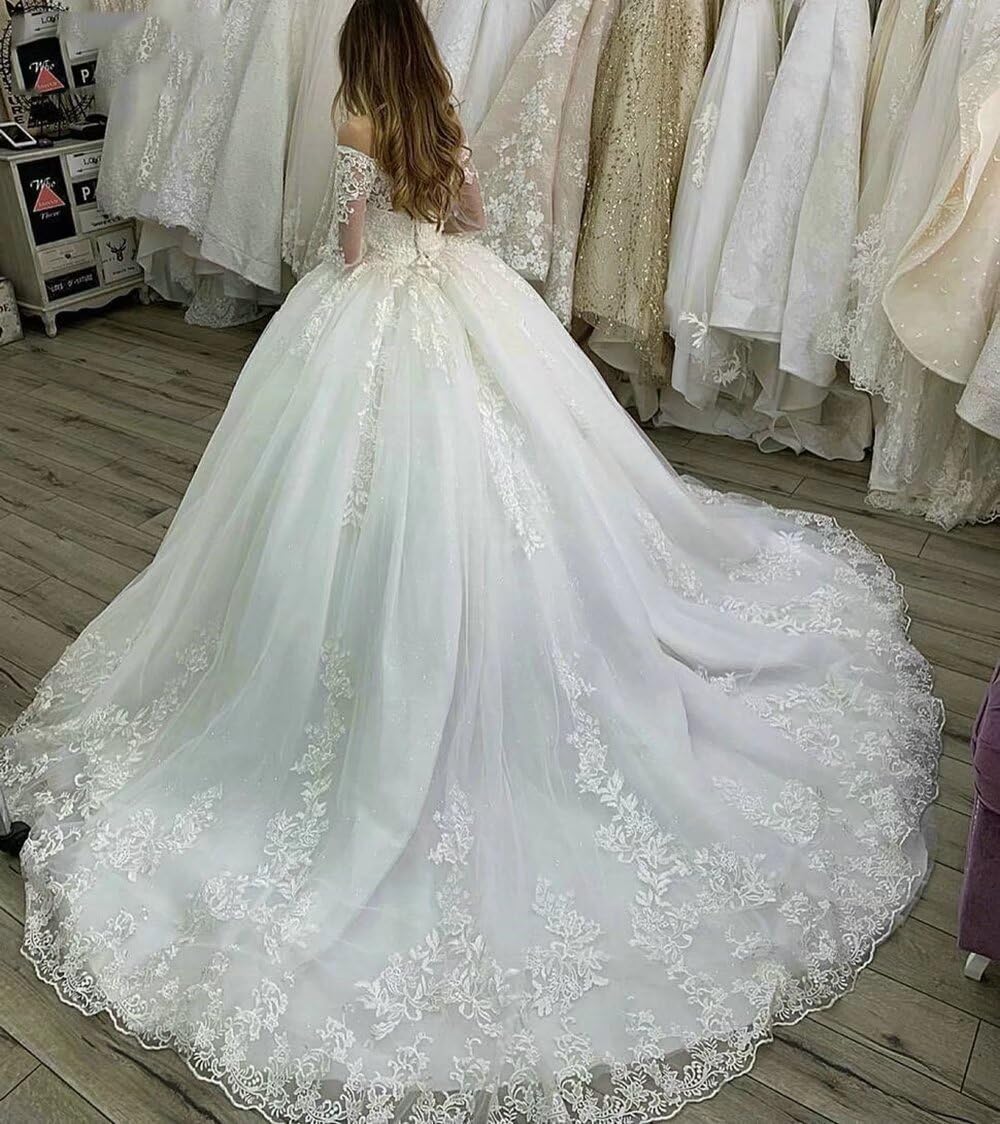 Elegant Long Sleeve Lace Wedding Dress for Bride - Off Shoulder Ball Gown Bridal Gown with Appliques | Perfect for Church Ceremonies, Beach Weddings & Formal Receptions