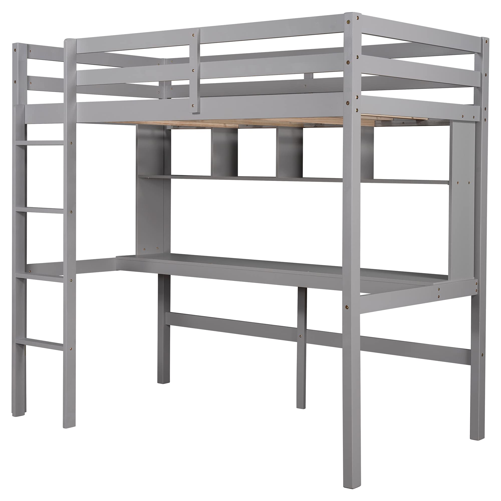 **Wooden Loft Bed with Storage Shelves & Under-Bed Desk - Twin Size, Gray - Full-Length Guardrail & Built-in Ladder - Perfect for Kids, Teens & Adults - Space-Saving Bedroom & Dorm Furniture**