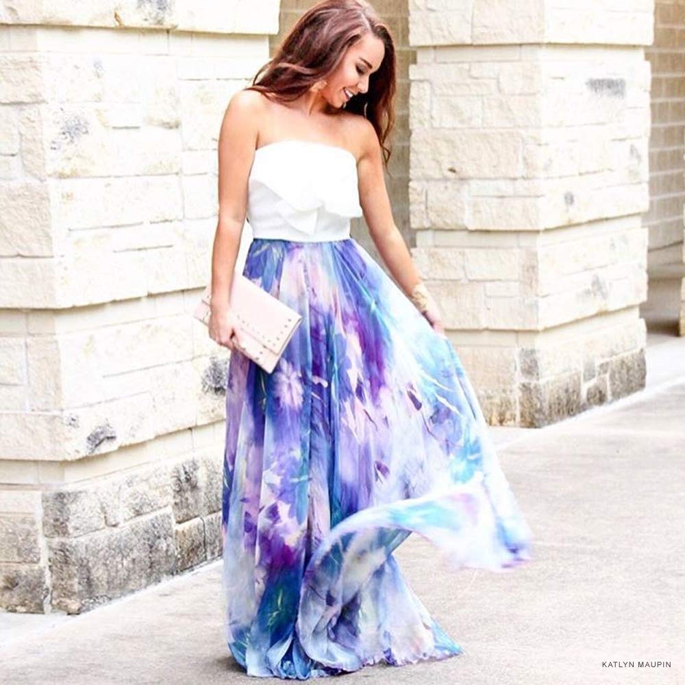 Chicwish Women's Floral Watercolor Maxi Skirt - Flowy Chiffon Slip Dress with Vibrant Flower Print for Summer Beach, Vacation & Boho Style Outfits