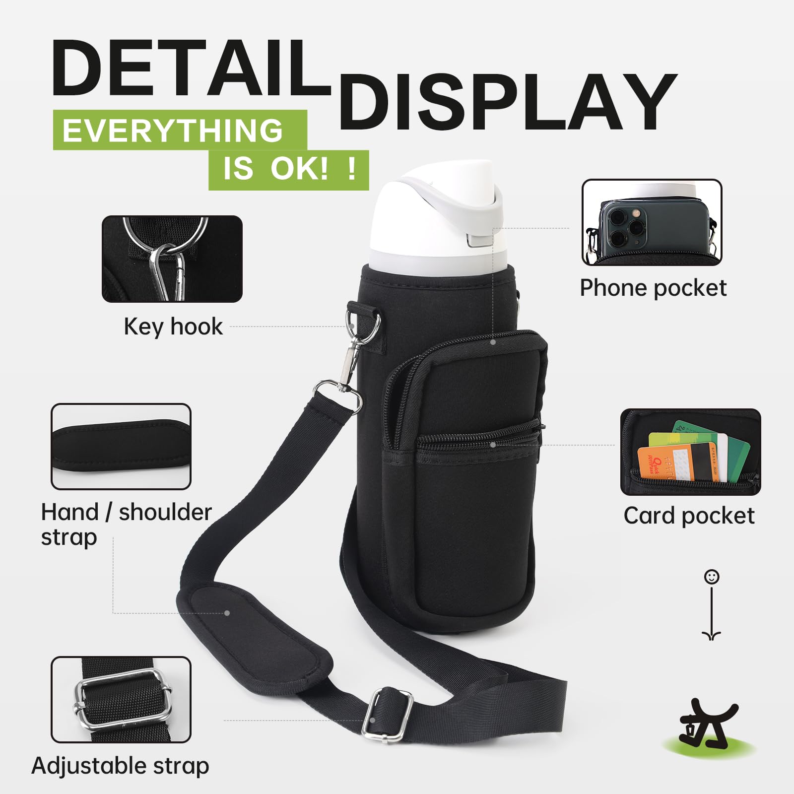 Owala 32OZ & 40OZ Water Bottle Holder with Adjustable Strap - Insulated Sling Carrier Bag with Phone Pocket - Perfect for Hiking, Gym & Outdoor Activities