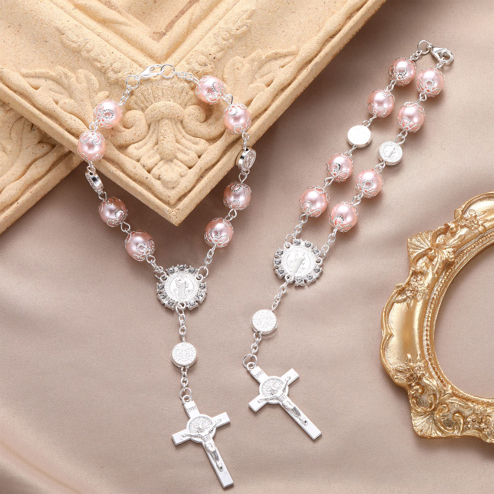Saint Benedict Car Rosary - 2 Pack Catholic Auto Rosary Cross for Rearview Mirror, Truck, Bike & Motorcycle - Personalized Blessing Medal & Hanging Decor Accessories (Pink) - Perfect for Daily Commute, Road Trips & Spiritual Protection