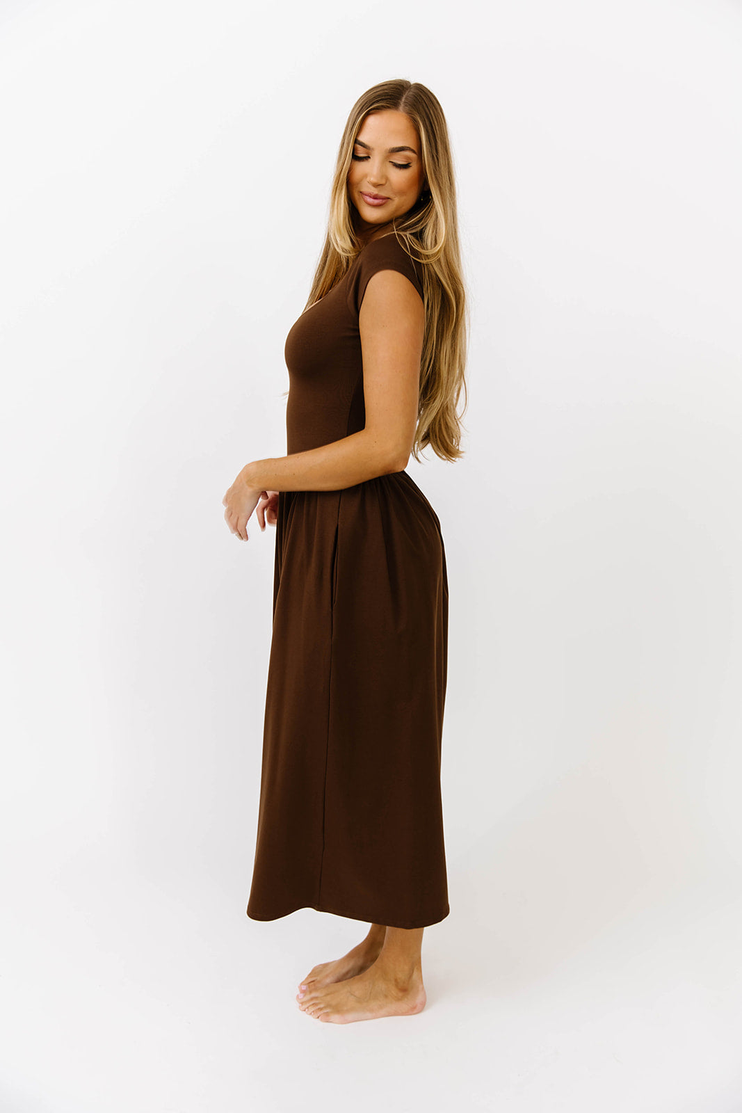 Larissa Cap Sleeve Midi Dress - Women's Brown Flowy Summer Dress for Casual Wear, Office, and Date Night | Comfortable & Stylish Outfit