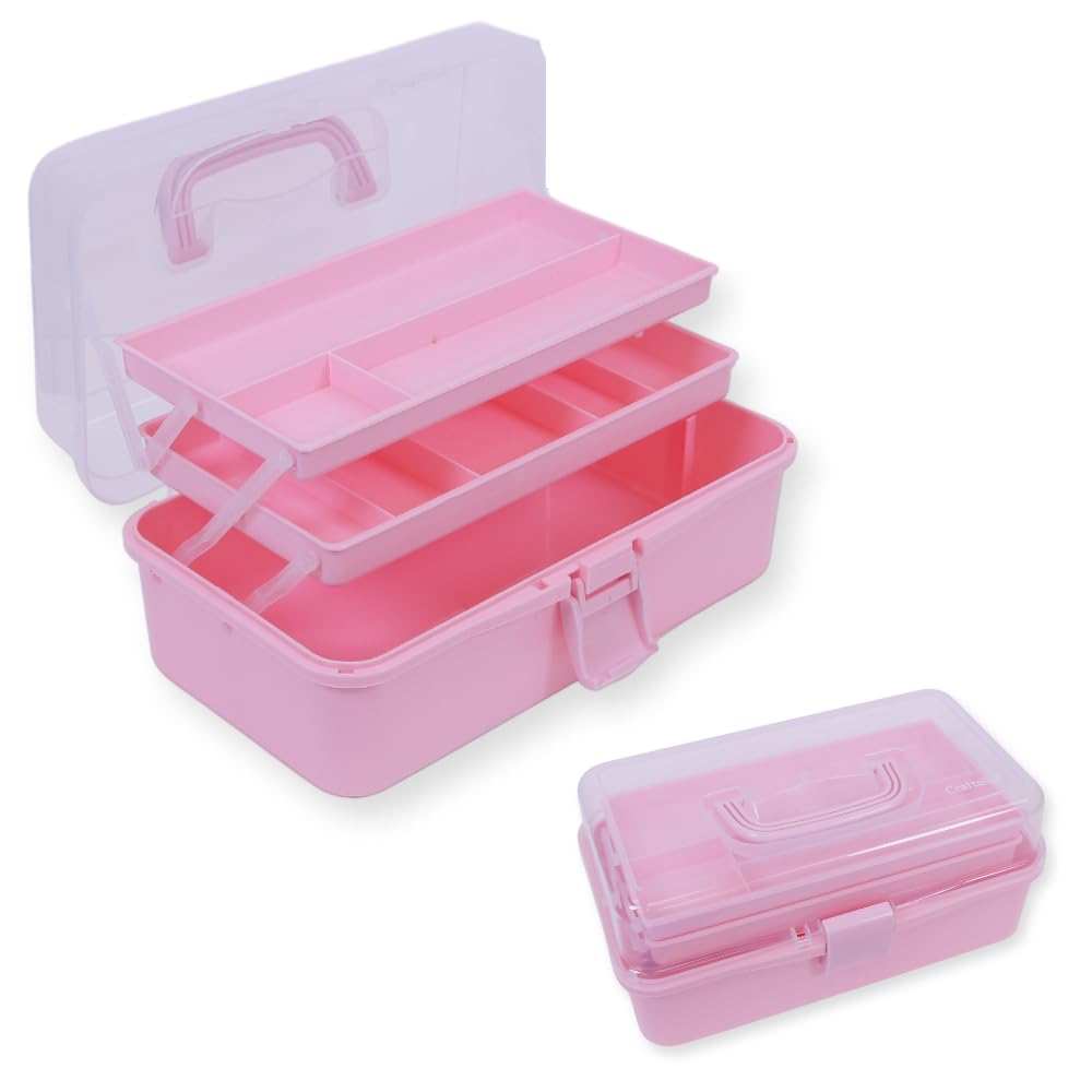 Craftelier Portable Craft Box Organizer with Handle & 3 Trays - Pink Art Supply Storage Case for Scrapbooking, Beading, Sewing - 12.8