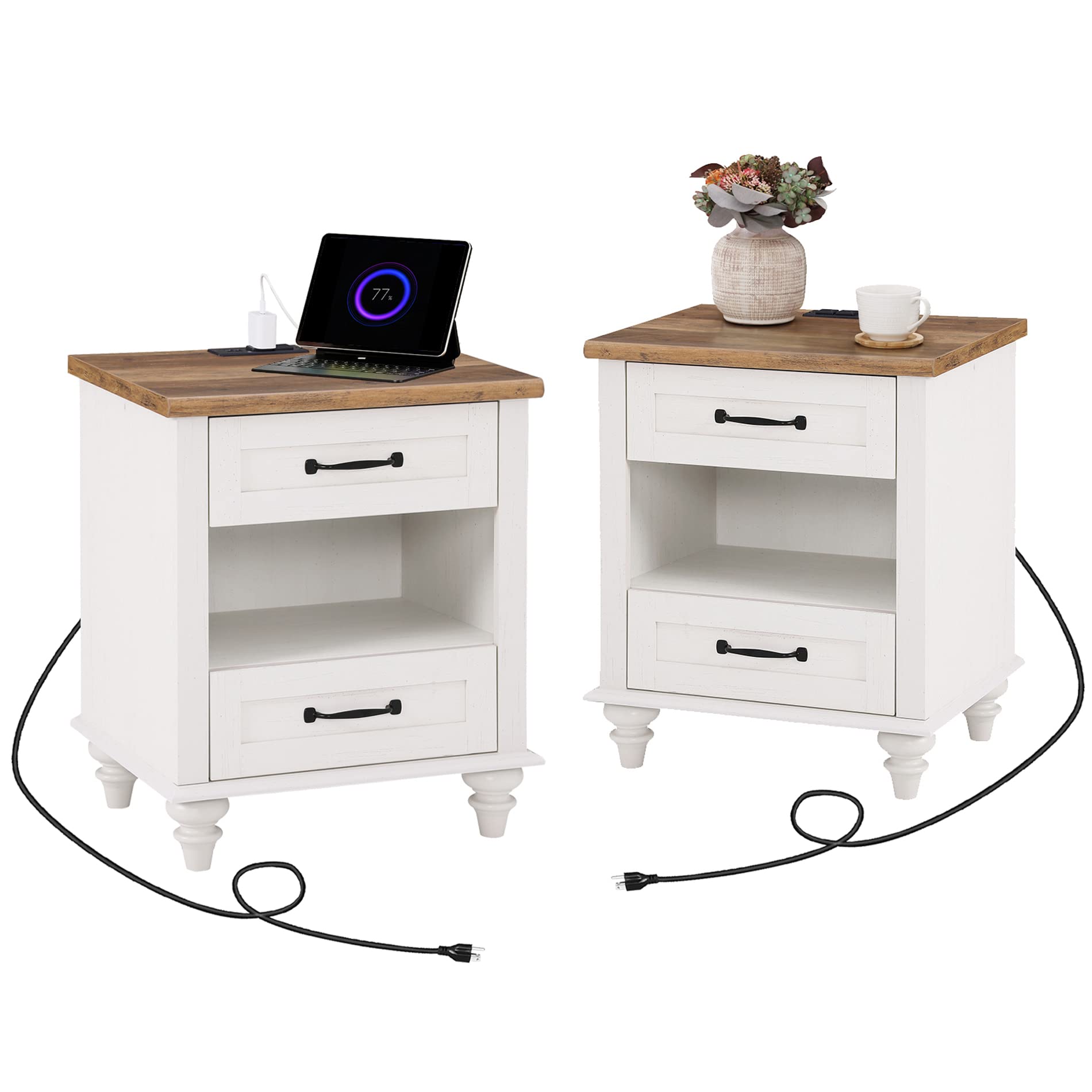 WAMPAT Set of 2 White Nightstands with USB Charging Station & 2 Drawers - Mid Century Modern Bedside Tables for Bedroom, Living Room & Dorm - Perfect for Phone Charging, Storage & Home Decor