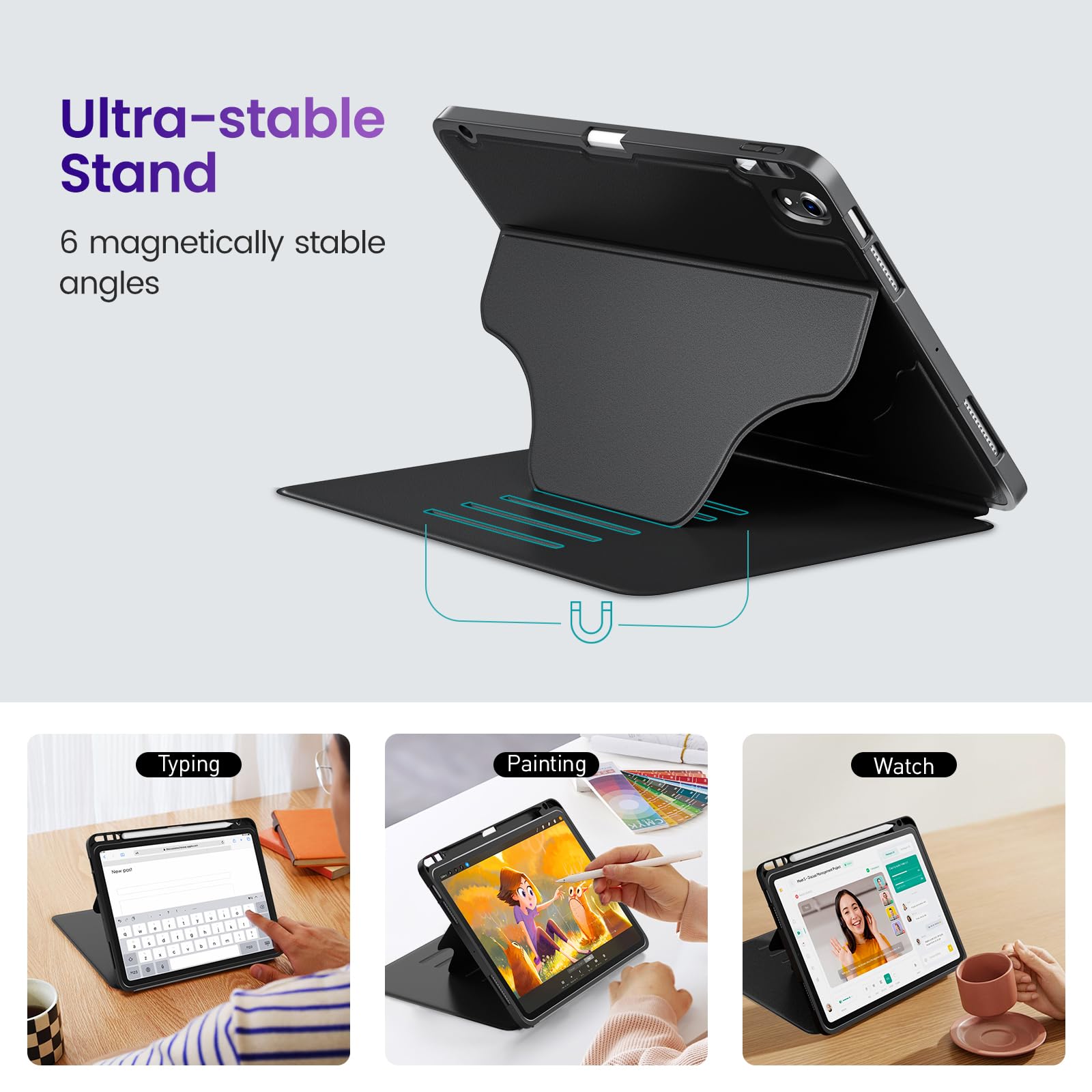 DTTO Magnetic iPad Air Case 11-inch & 10.9-inch (2020-2025 Models) - Ultra Slim Protective Cover with 6 Adjustable Stand Angles & Apple Pencil Holder - Compatible with iPad Air 4th/5th Gen & M2/M3 - Perfect for Work, Study & Entertainment - Black