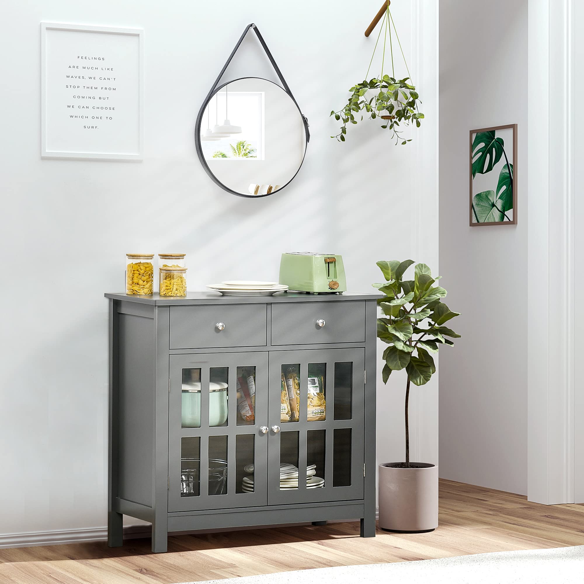 HOMCOM Sideboard Buffet Cabinet with Glass Doors - Kitchen Storage Cabinet with Adjustable Shelf & 2 Drawers - Gray Accent Furniture for Dining Room, Living Room, or Kitchen Organization