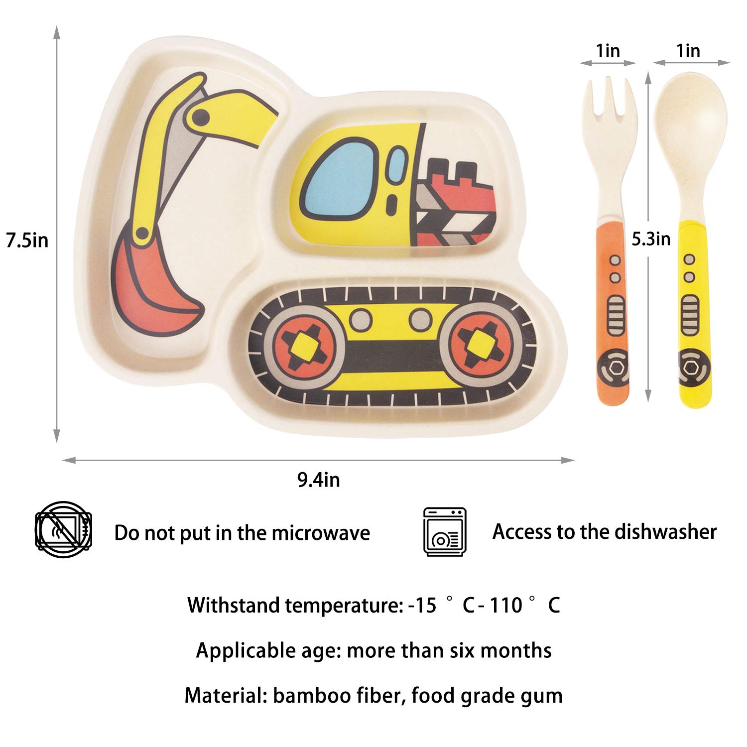 3-Piece Bamboo Toddler Plates Set with Divided Plate, Baby Spoon & Fork - Eco-Friendly Kids Dinnerware for Portion Control - Perfect for Home, Daycare & Travel Meals