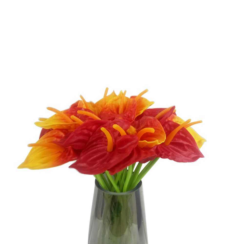 20Pcs Real Touch Artificial Anthurium Flowers - Lifelike Fake Floral Stems for Home Decor, Wedding Bouquets, Table Centerpieces (Red & Sunset Red) | Perfect for Living Room, Office & Event Decorations