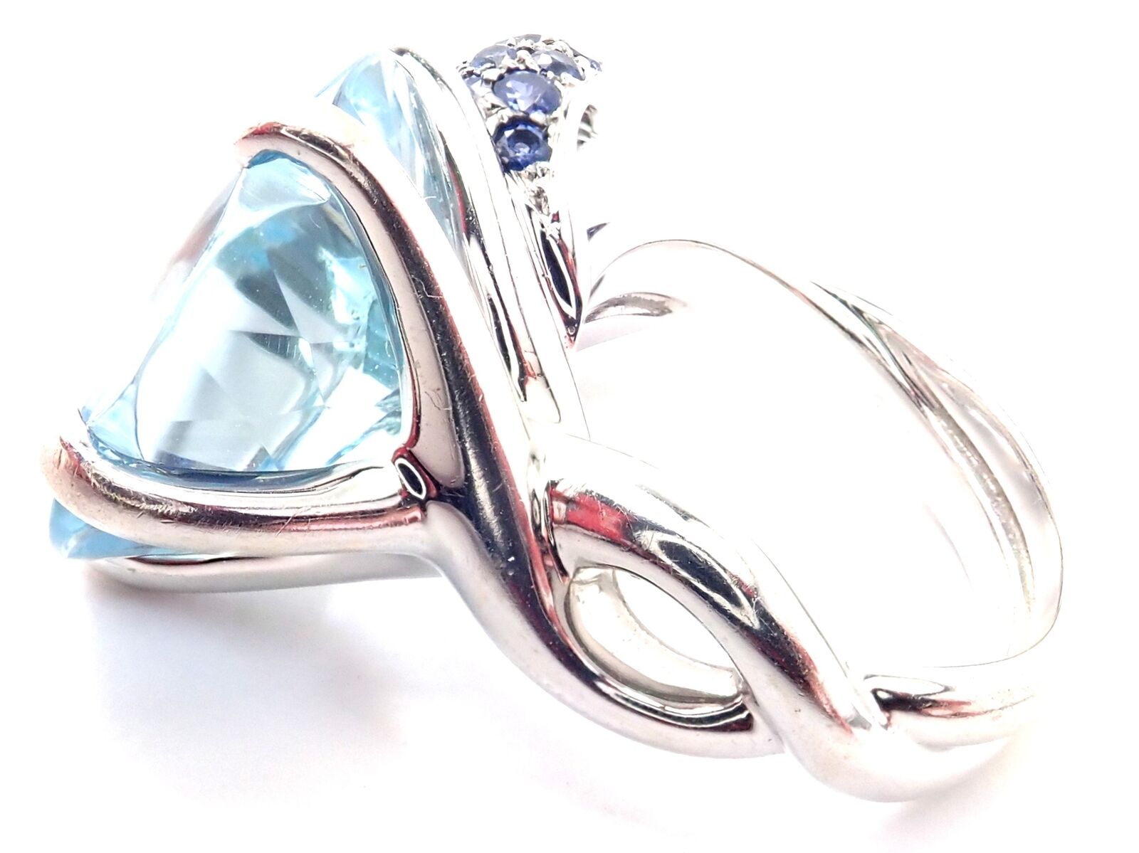 Authentic Chanel Camellia Flower 18k White Gold Ring with Aquamarine & Sapphire Gemstones - Luxury Jewelry for Women, Perfect for Weddings, Anniversaries & Special Occasions