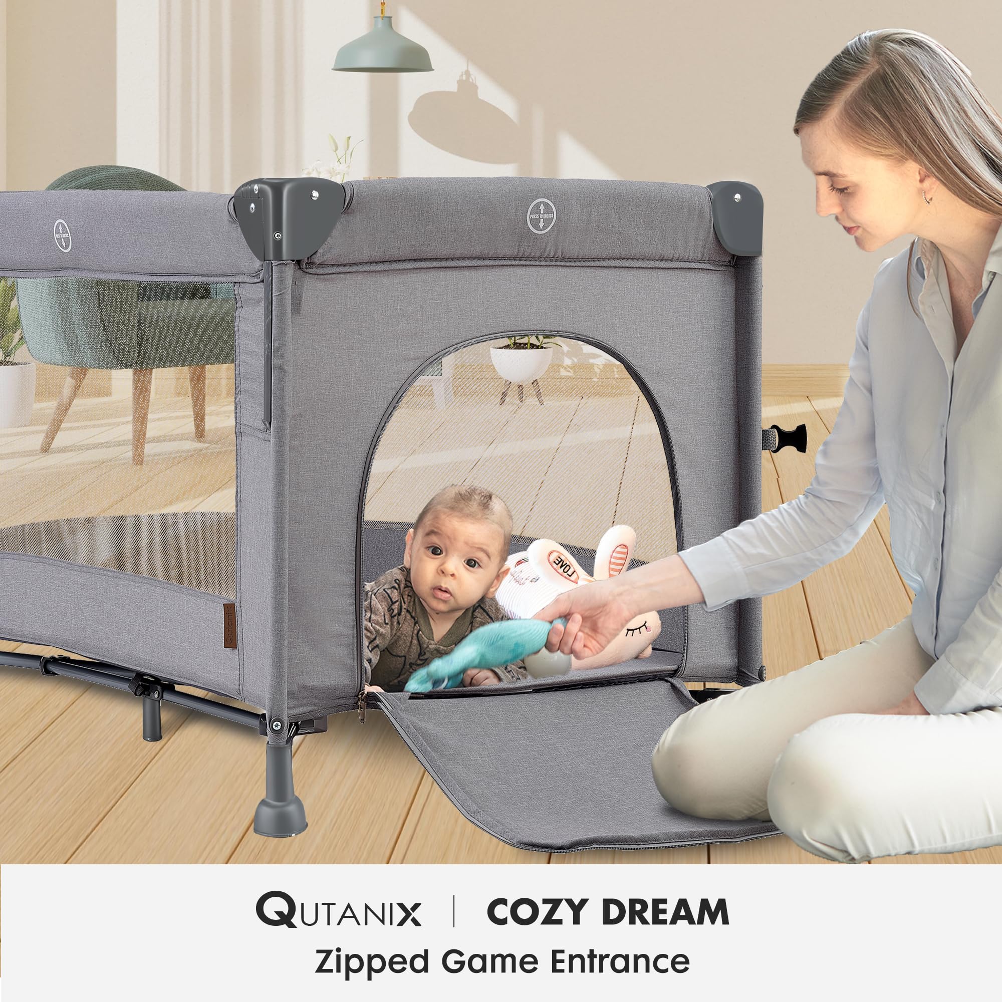 2-in-1 Baby Playard & Portable Crib with Bassinet - Easy Fold Playpen with Music Mobile for Newborn to Toddlers, Grey | Perfect for Nursery, Travel & Daycare Use