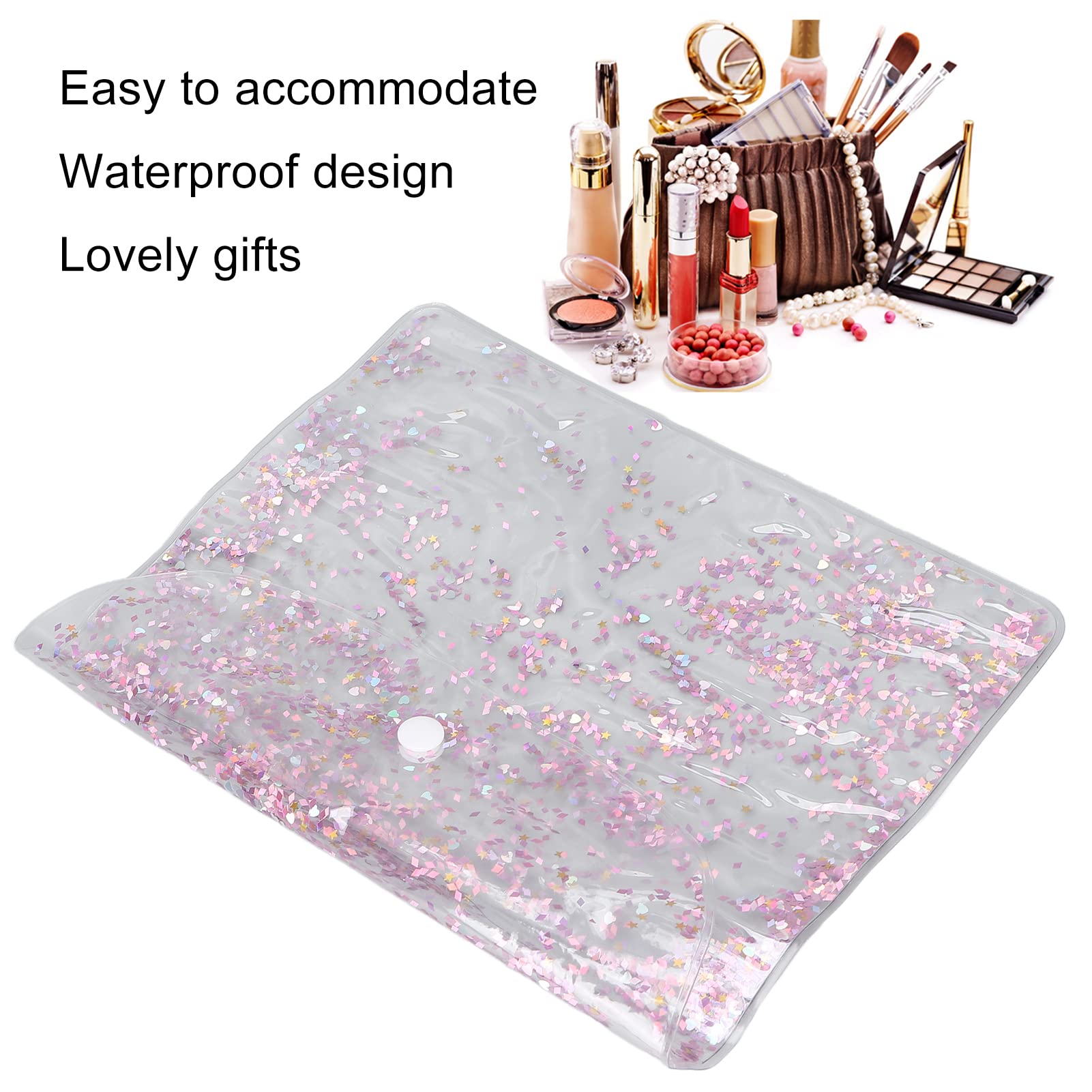 Large Makeup Bag for Women - Waterproof PVC Quicksand Bling Cosmetic Organizer with Button Closure | Travel Toiletry Pouch & Daily Essentials Storage | Perfect for Travel, Gym, Work & Home Organization