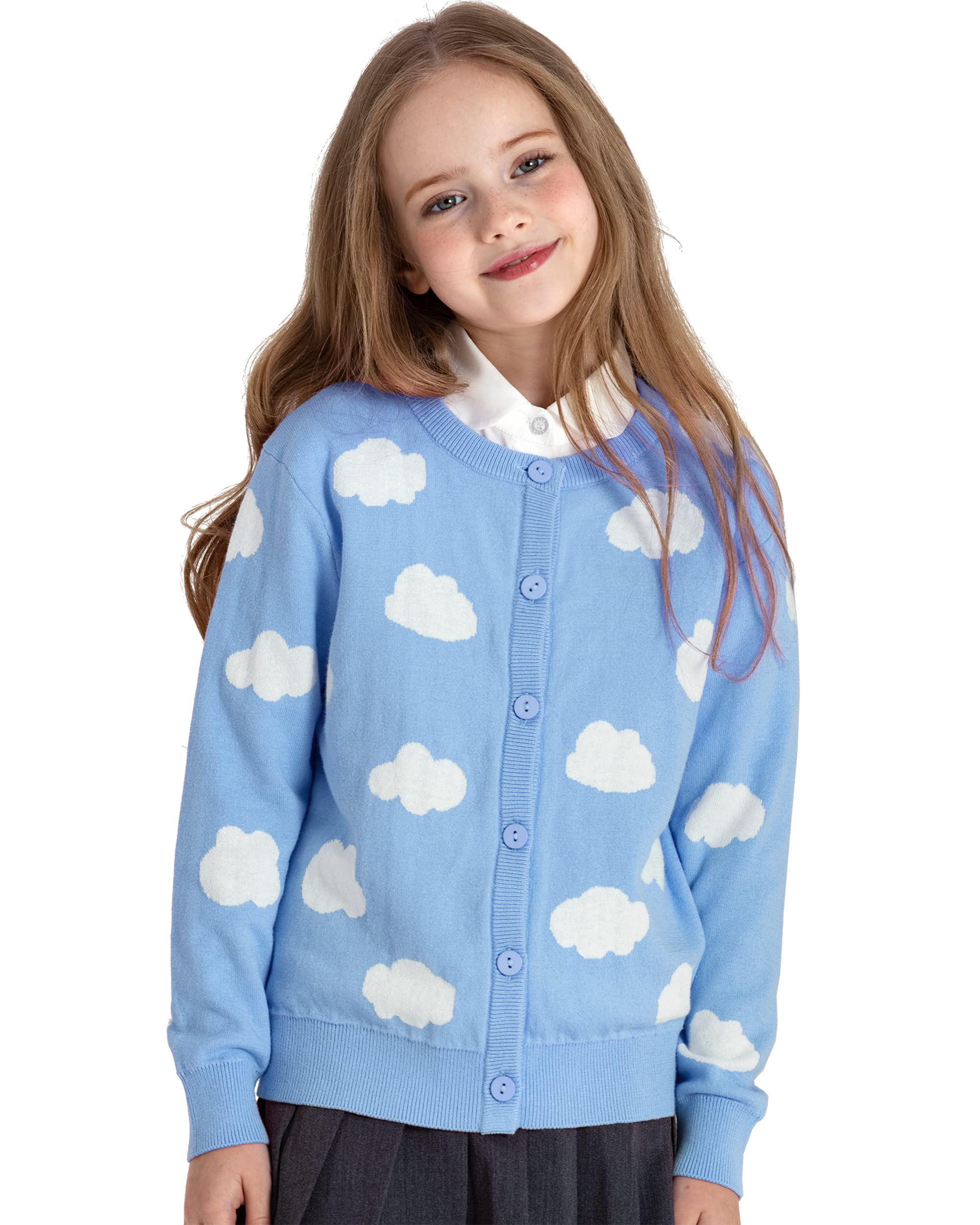 BOBOYOYO Girls Cute 100% Cotton Button Up Cardigan Sweater - Long Sleeve Knit Crewneck Kawaii Clothes for Kids - Perfect for School, Casual Wear & Family Outings