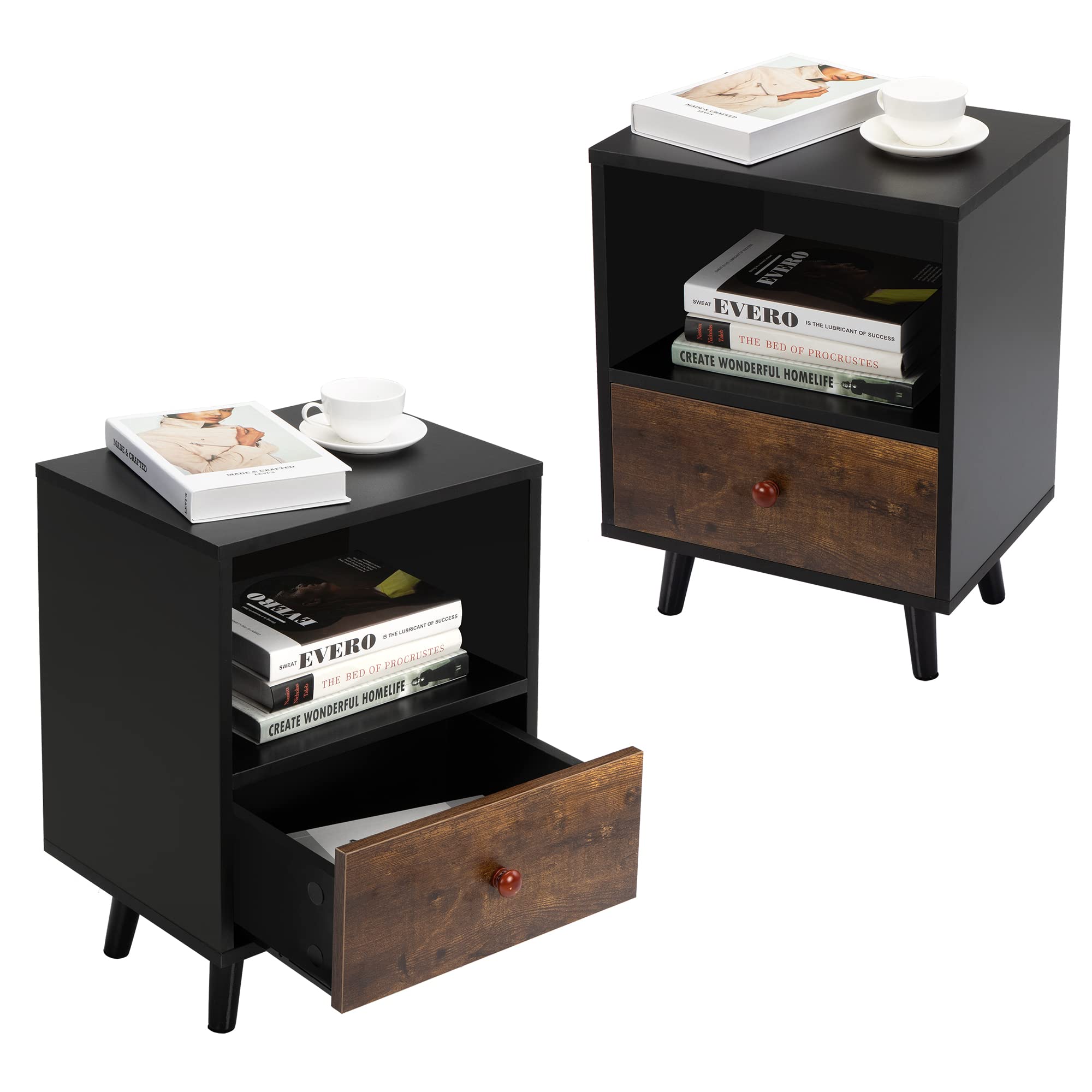 2-Piece Nightstand Set with 1 Drawer & Storage Shelf - Short Leg End Table for Bedroom - Black Modern Bedside Table for Small Spaces & Apartment Living