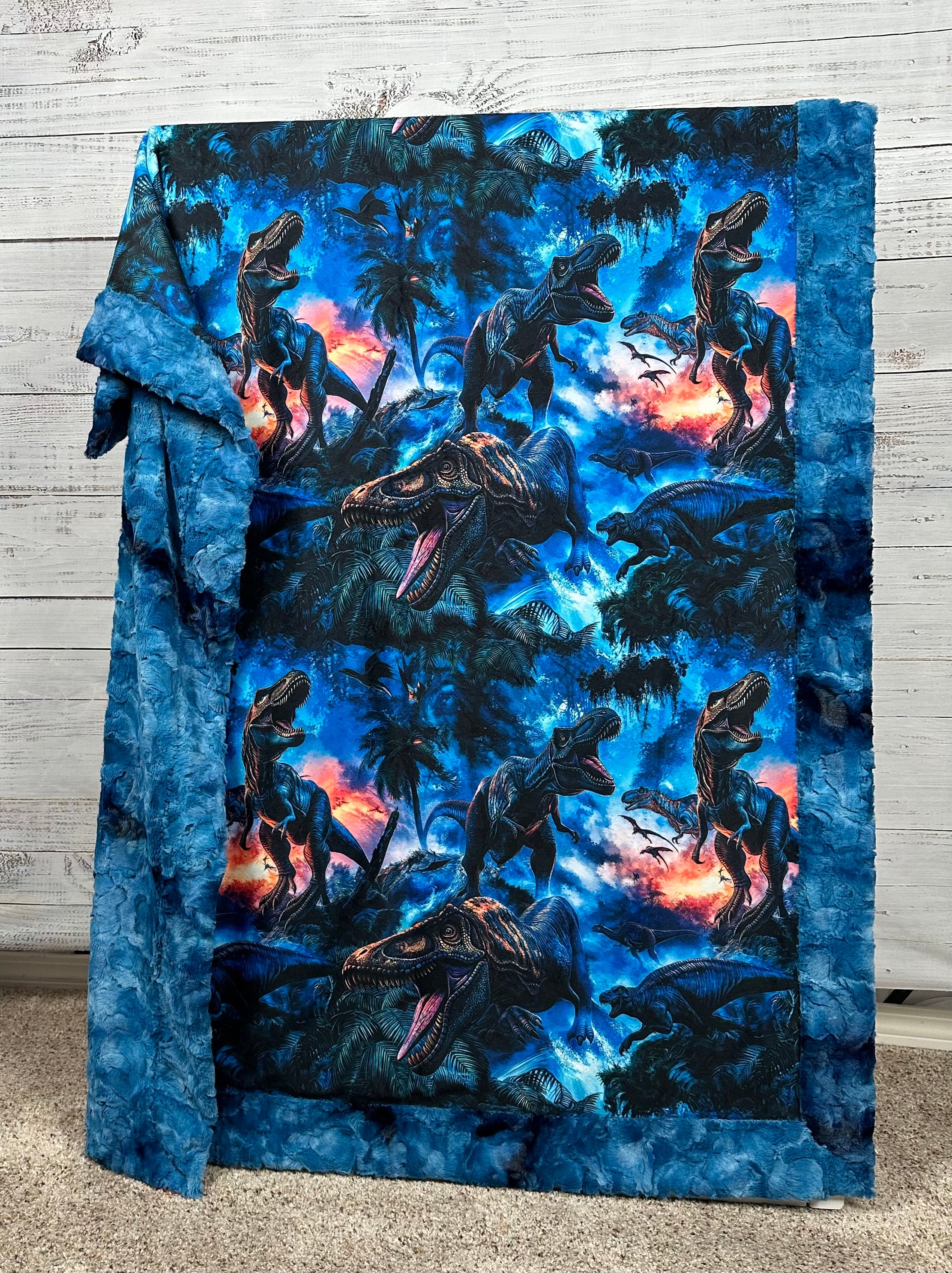 Soft Dinosaur Print Blue Luxe 41x60 Minky Blanket for Kids & Toddlers with Matching Pillowcase - Cozy Nursery Bedding for Nap Time & Playtime