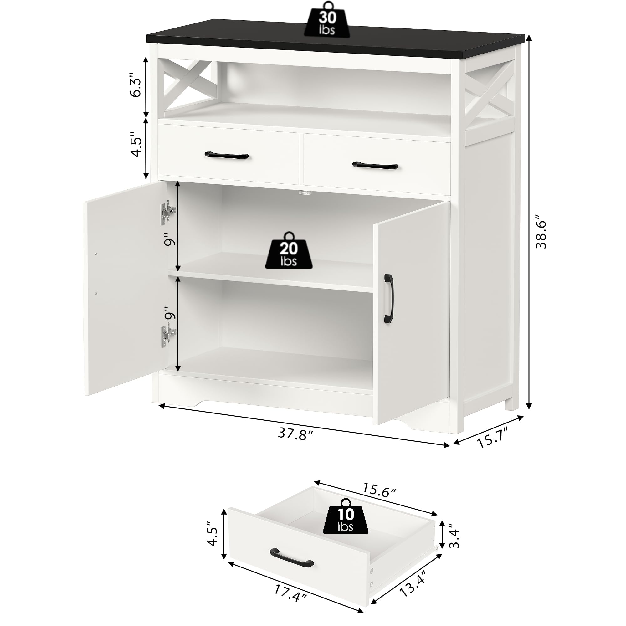 Modern Farmhouse Buffet Sideboard - Wood Kitchen Storage Cabinet with Shelves, Doors & Drawers - White and Black Coffee Bar Cabinet for Living Room, Dining Room & Home Decor - Perfect for Entertaining, Storage & Display