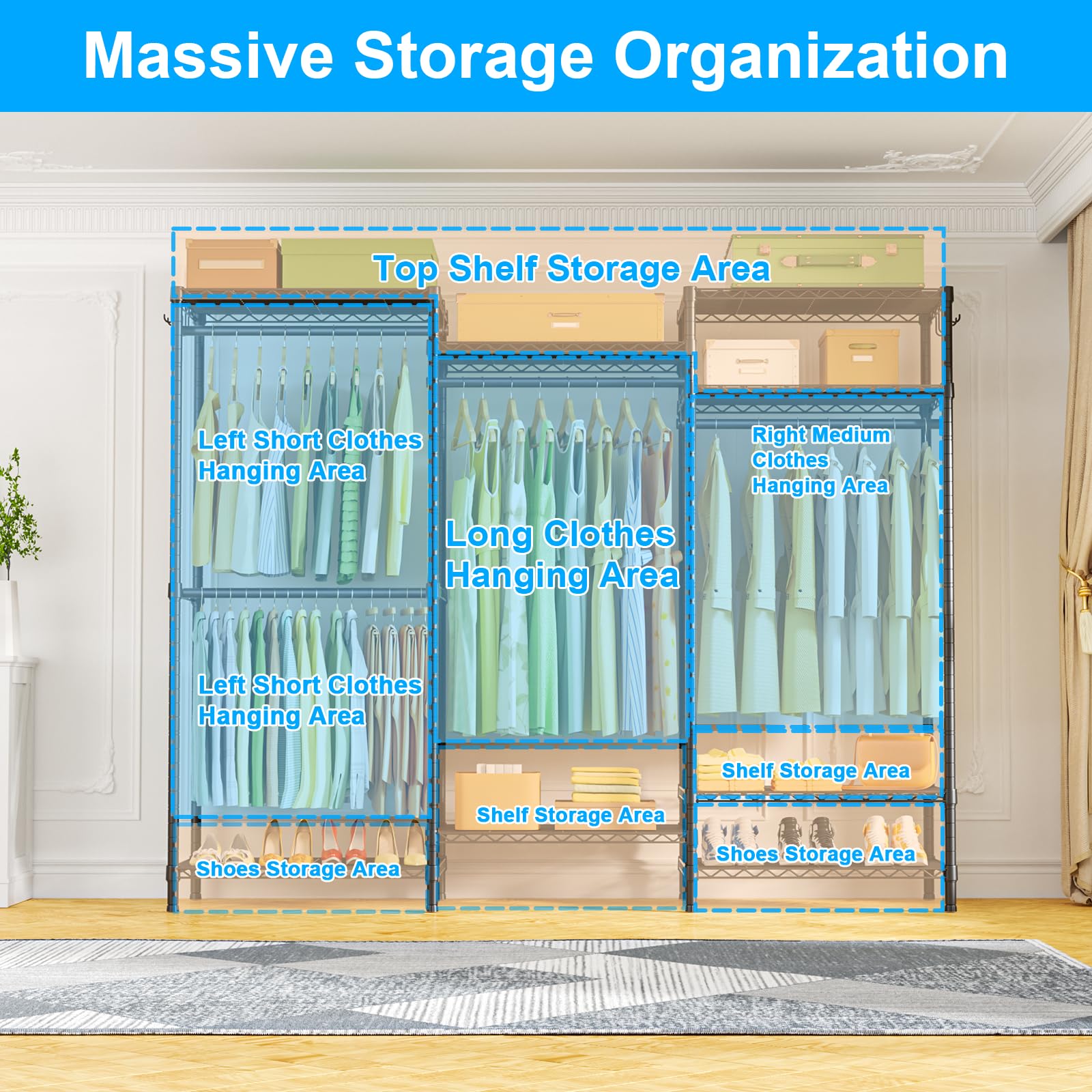 Ulif E13 Heavy Duty Clothes Rack with 4 Hanger Rods & 8 Shelves - Freestanding Adjustable Metal Garment Rack (63
